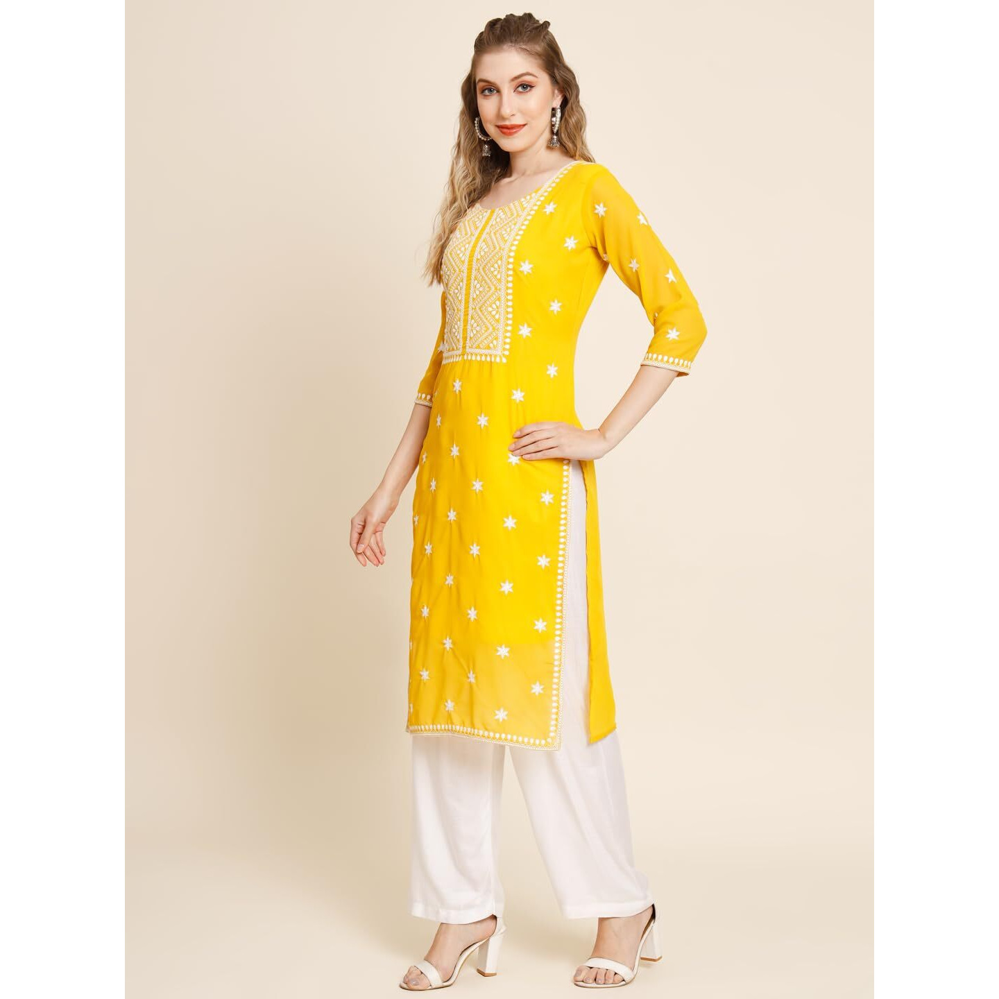 VAIRAGEE Women's Georgette Straight Cut Round Neck Kurta with Beautiful Embroidery Thread Work (1553) Yellow