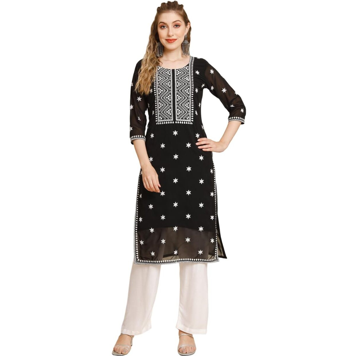 VAIRAGEE Women's Georgette Straight Cut Round Neck Kurta with Beautiful Embroidery Thread Work (1553) Black