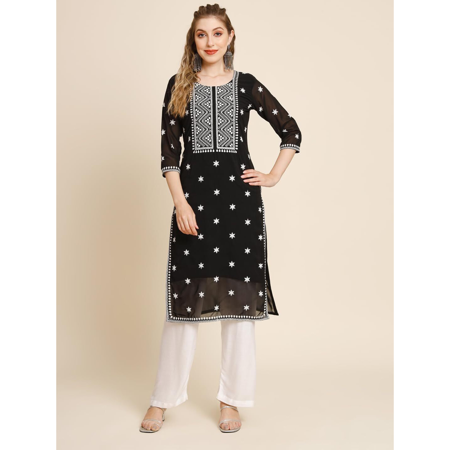 VAIRAGEE Women's Georgette Straight Cut Round Neck Kurta with Beautiful Embroidery Thread Work (1553) Black