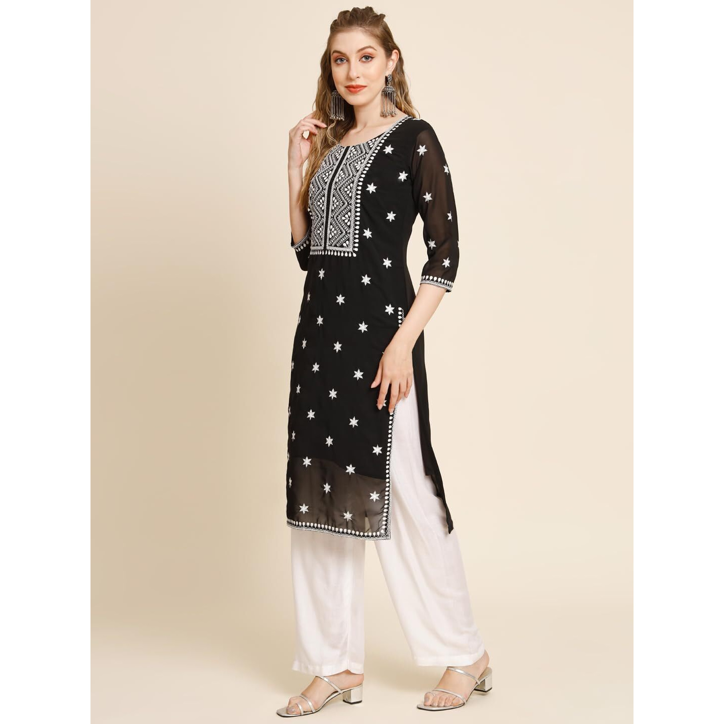 VAIRAGEE Women's Georgette Straight Cut Round Neck Kurta with Beautiful Embroidery Thread Work (1553) Black