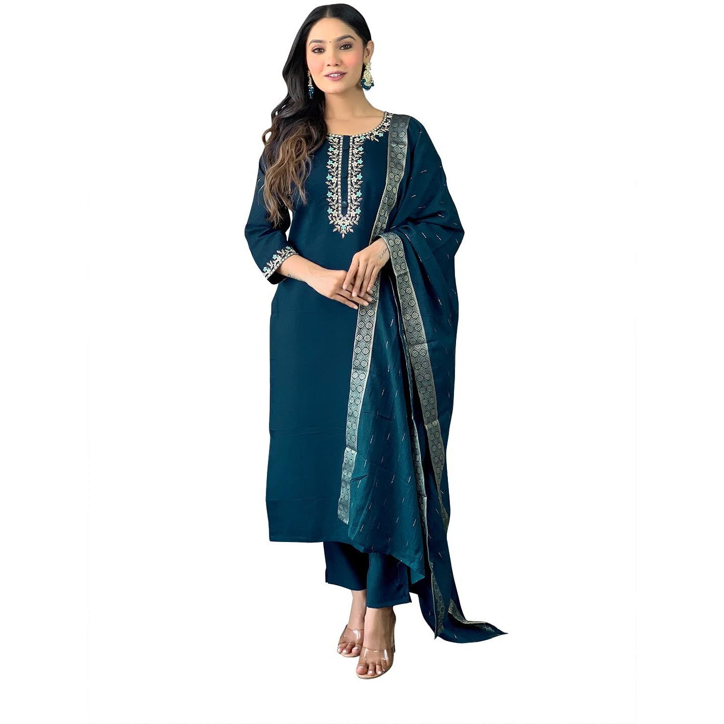 Naixa Women's Petrol Chanderi Viscose Embroidered Straight Kurta with Chanderi Viscose Pant and Cotton Laced Dupatta Sets (NX-S-Emily-Petrol-M)