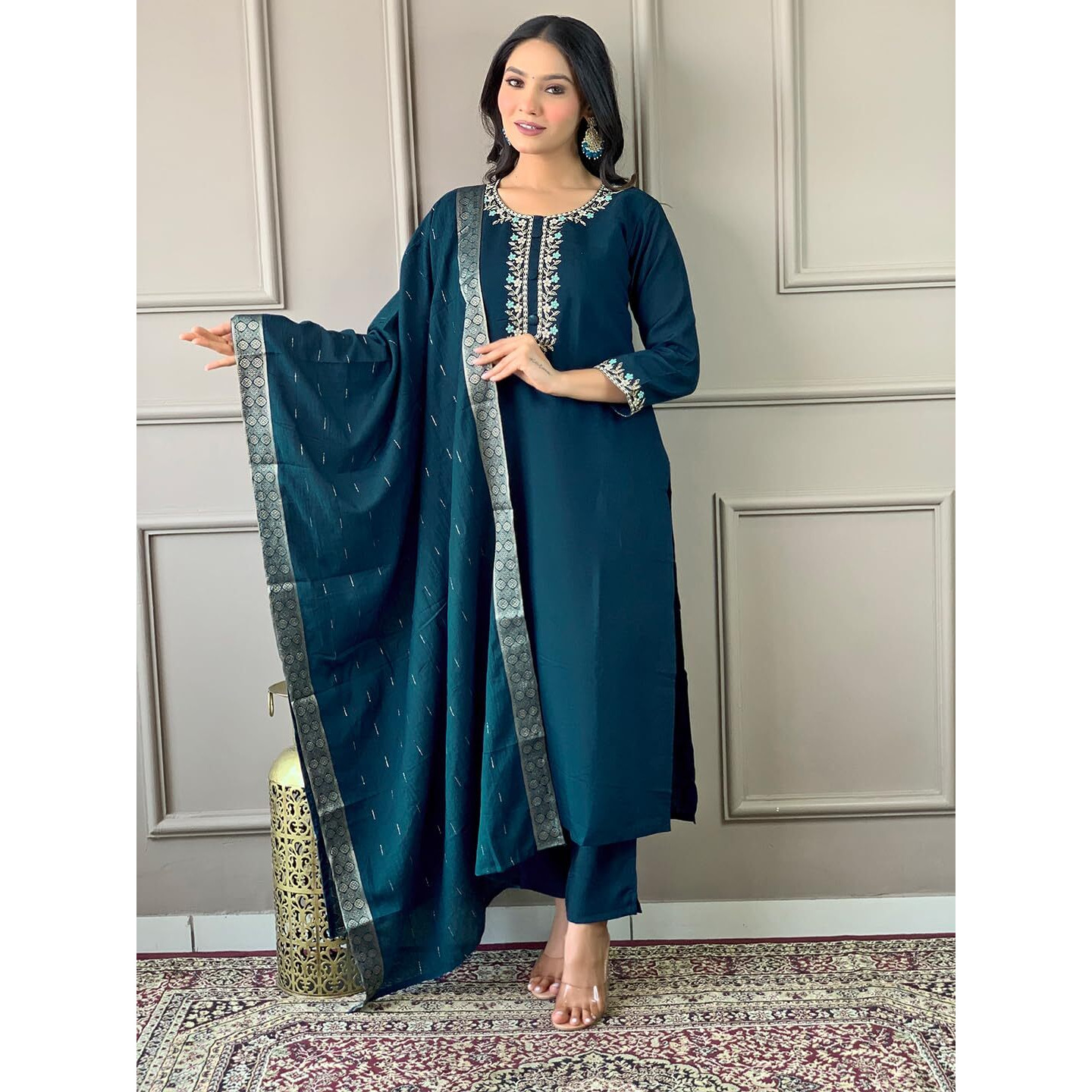 Naixa Women's Petrol Chanderi Viscose Embroidered Straight Kurta with Chanderi Viscose Pant and Cotton Laced Dupatta Sets (NX-S-Emily-Petrol-M)