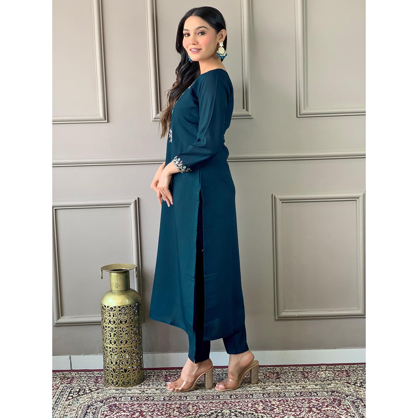Naixa Women's Petrol Chanderi Viscose Embroidered Straight Kurta with Chanderi Viscose Pant and Cotton Laced Dupatta Sets (NX-S-Emily-Petrol-M)