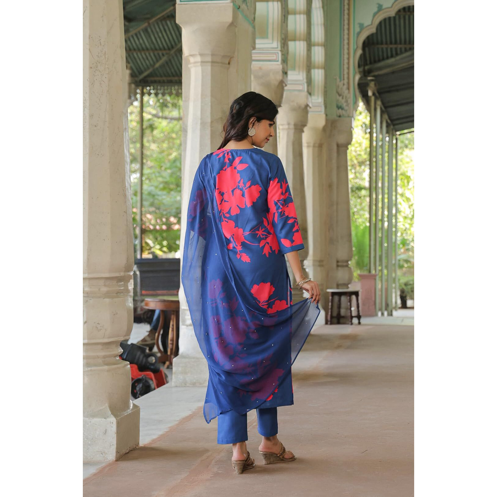 GoSriKi Women's Cotton Blend Straight Printed Kurta with Pant & Dupatta (PROTIN-Cerosin-NW-GS_3XL_Blue_XXX-Large)