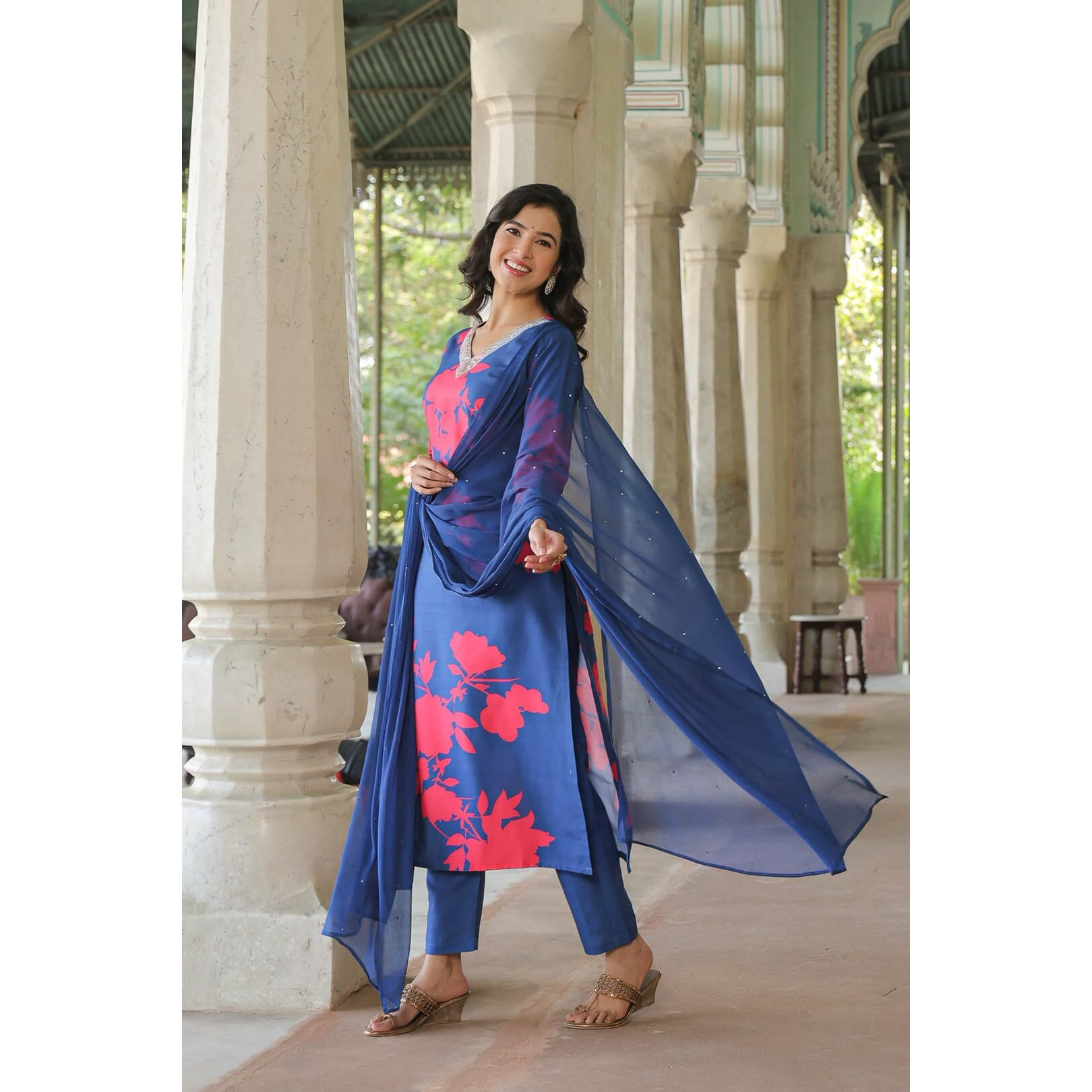 GoSriKi Women's Cotton Blend Straight Printed Kurta with Pant & Dupatta (PROTIN-Cerosin-NW-GS_3XL_Blue_XXX-Large)