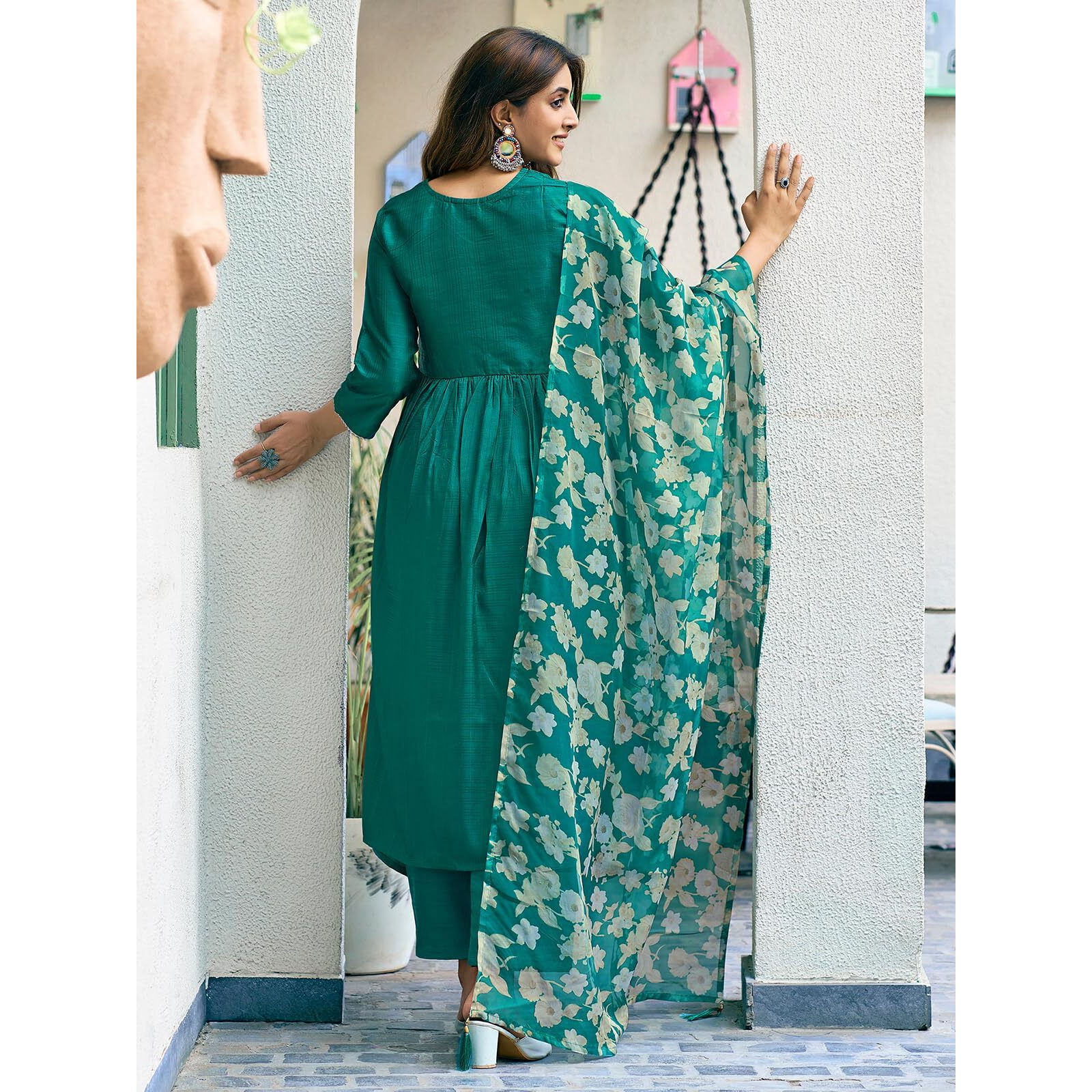 Sanisa Women's Art Silk Sequence Embroidery Work Gota Lace Alia Cut Kurta with Pant and Dupatta Set| Ethnic Set | Suit Set | Kurta Set(163KBD1760N-XL_Teal Green2)