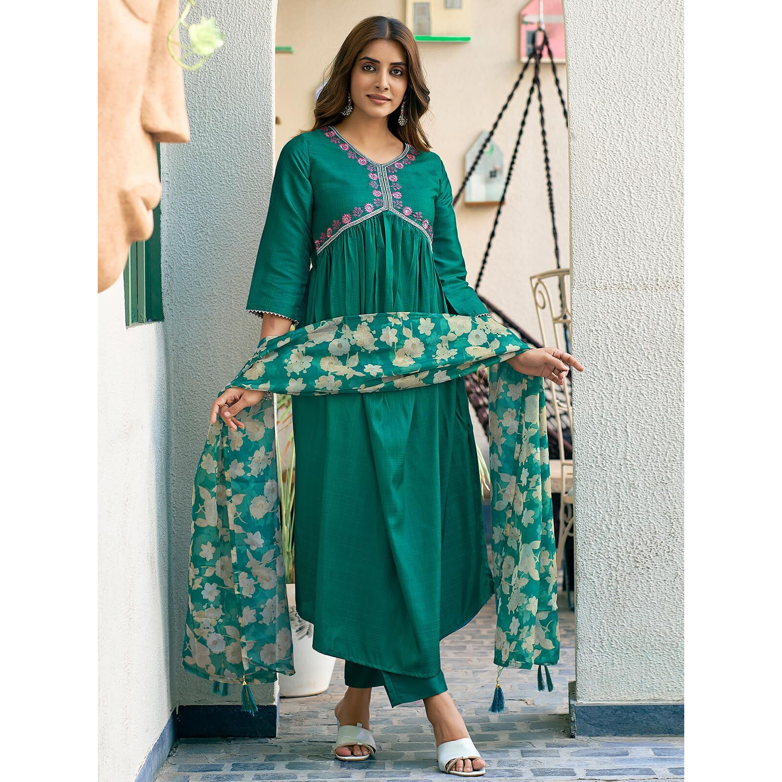 Sanisa Women's Art Silk Sequence Embroidery Work Gota Lace Alia Cut Kurta with Pant and Dupatta Set| Ethnic Set | Suit Set | Kurta Set(163KBD1760N-XL_Teal Green2)