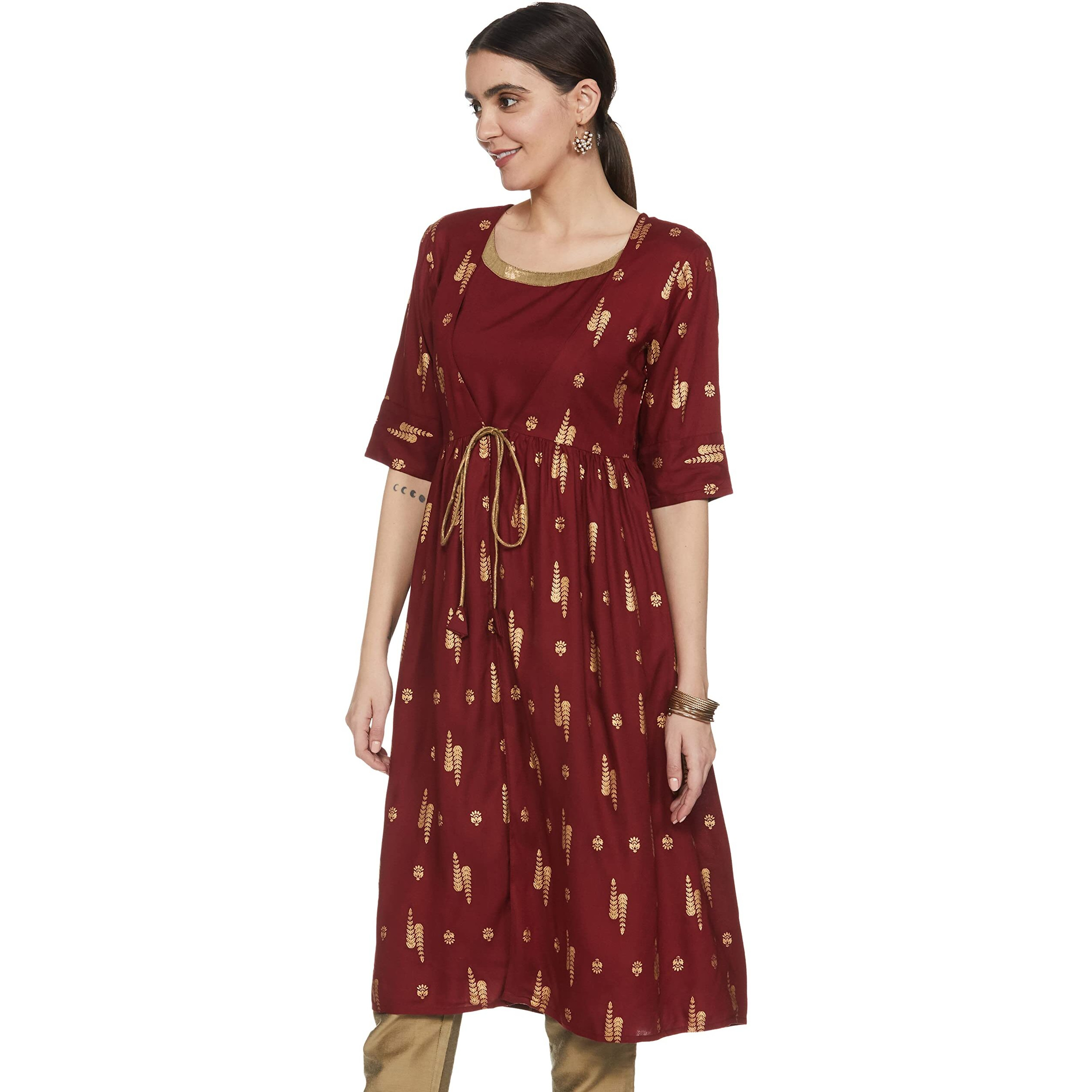 Amazon Brand - Tavasya Women's Rayon Straight Festive Kurti (AW22TAV16_Pine Cone WINE1_S)