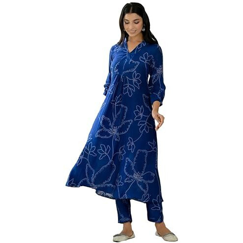 ANNI DESIGNER Women's Cotton Blend Anarkali Printed Kurta with Pant (Marup Blue_L_Blue_Large)