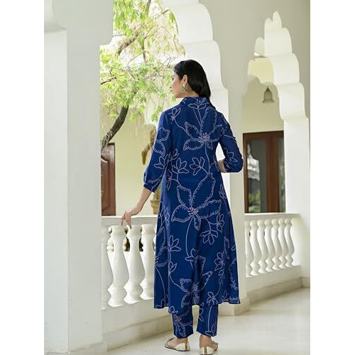 ANNI DESIGNER Women's Cotton Blend Anarkali Printed Kurta with Pant (Marup Blue_L_Blue_Large)