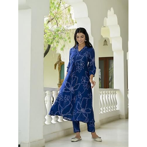 ANNI DESIGNER Women's Cotton Blend Anarkali Printed Kurta with Pant (Marup Blue_L_Blue_Large)