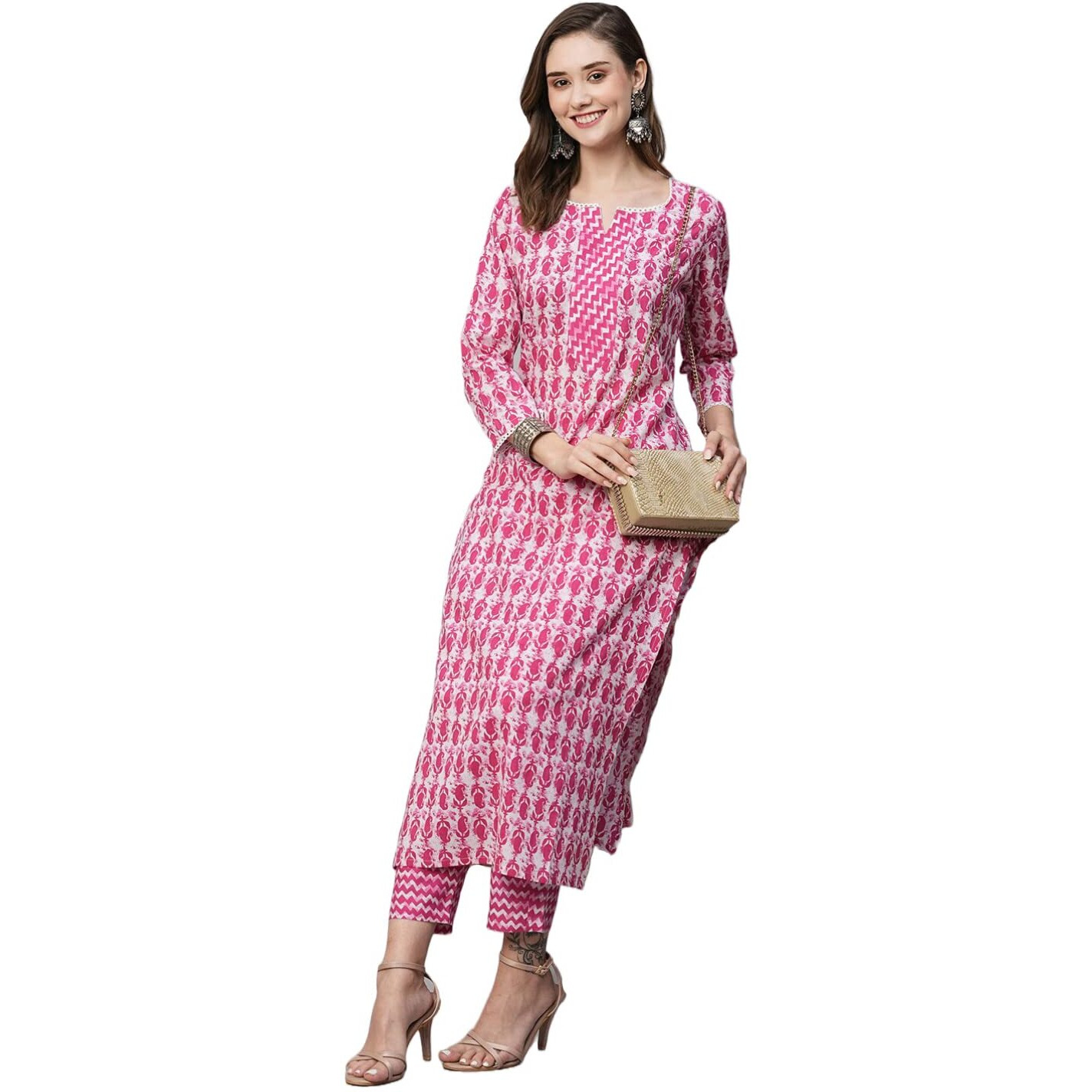 ANNI DESIGNER Women's Cotton Blend Straight Printed Kurta with Pant (Karika Pink-NW_S_Pink_Small)
