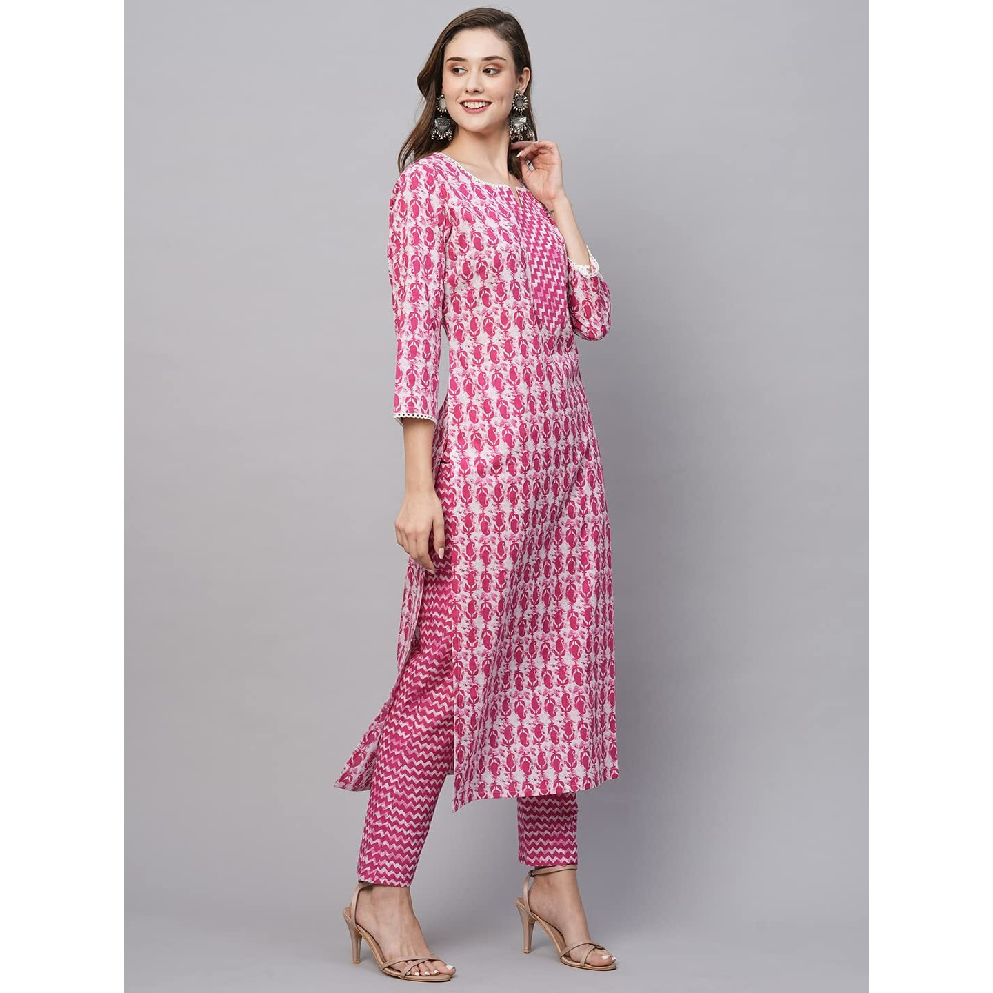 ANNI DESIGNER Women's Cotton Blend Straight Printed Kurta with Pant (Karika Pink-NW_S_Pink_Small)