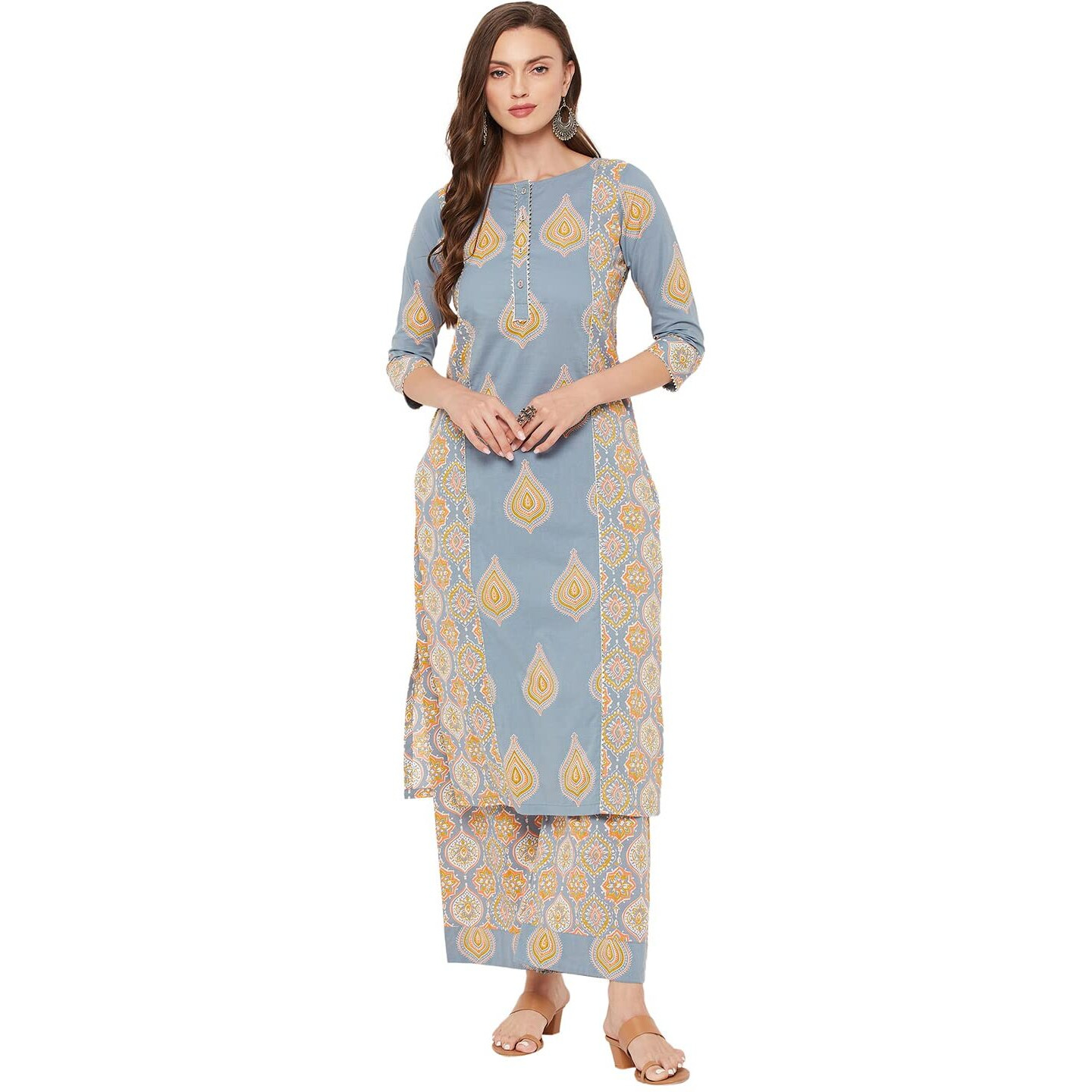 Tissu Women's Cotton Grey & Yellow Printed Kurta with Palazzo (Tis-614_Grey_XXL)