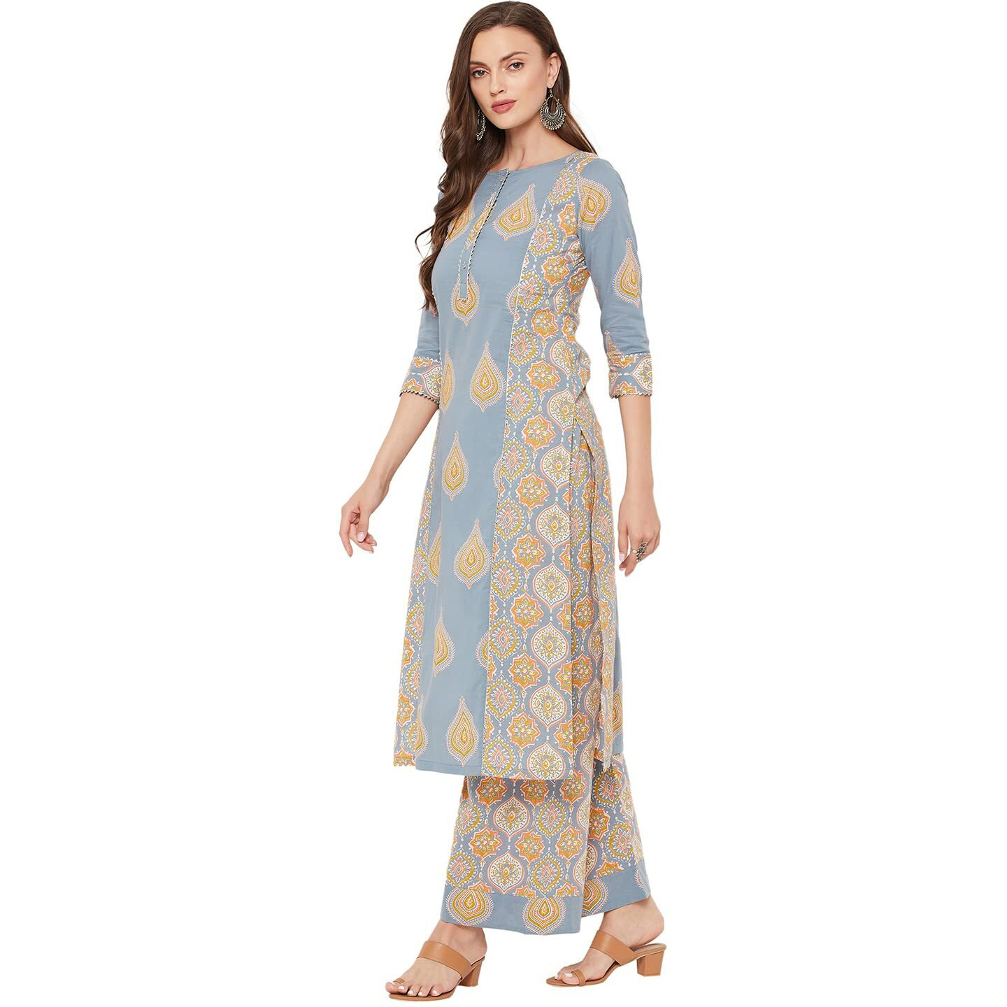 Tissu Women's Cotton Grey & Yellow Printed Kurta with Palazzo (Tis-614_Grey_XXL)