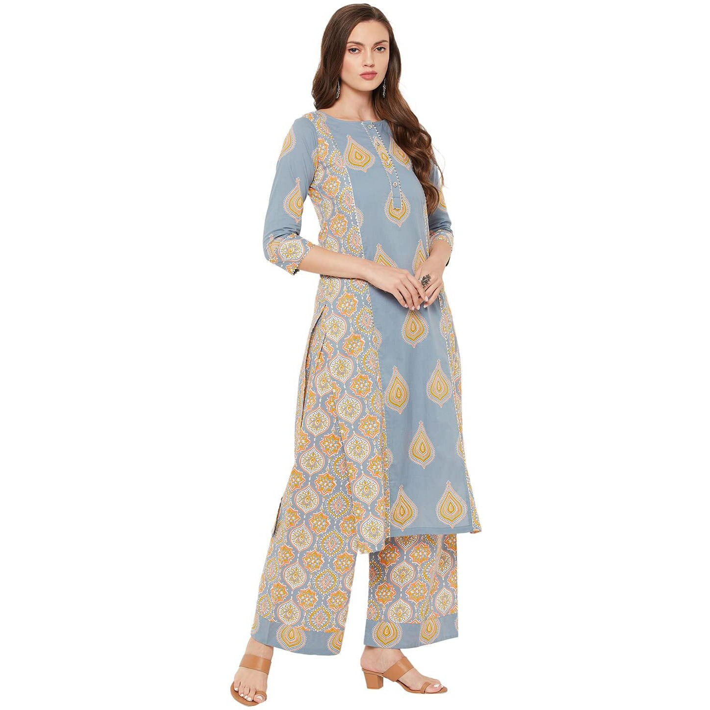 Tissu Women's Cotton Grey & Yellow Printed Kurta with Palazzo (Tis-614_Grey_XXL)