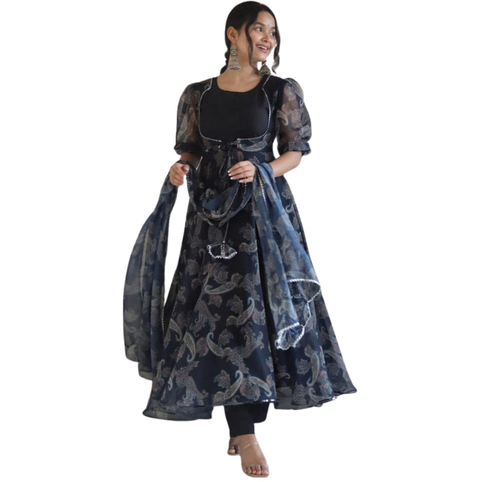 Anveri Textiles Women's Black Organza Half Sleeve U Neck Floral Print Fit-Flared Anarkali Style Kurta with Dupatta Set Suits | Trendy Traditional Organza Anarkali Kurta (203_Mehek_Black_2XL)