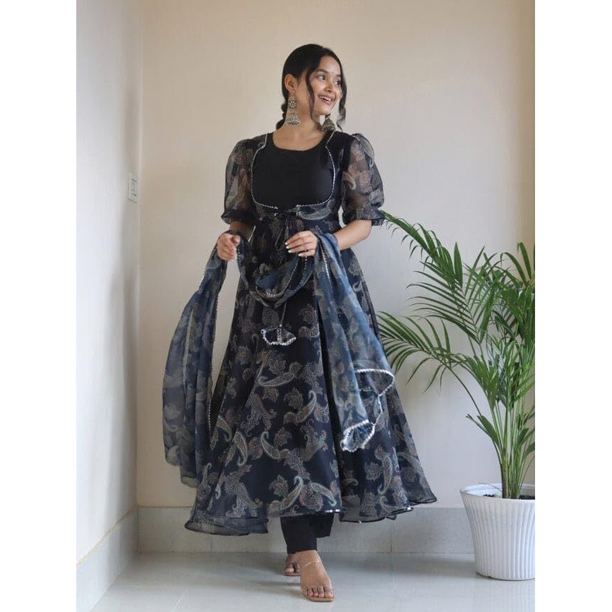 Anveri Textiles Women's Black Organza Half Sleeve U Neck Floral Print Fit-Flared Anarkali Style Kurta with Dupatta Set Suits | Trendy Traditional Organza Anarkali Kurta (203_Mehek_Black_2XL)