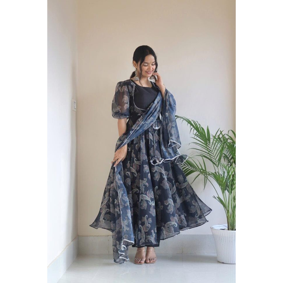 Anveri Textiles Women's Black Organza Half Sleeve U Neck Floral Print Fit-Flared Anarkali Style Kurta with Dupatta Set Suits | Trendy Traditional Organza Anarkali Kurta (203_Mehek_Black_2XL)