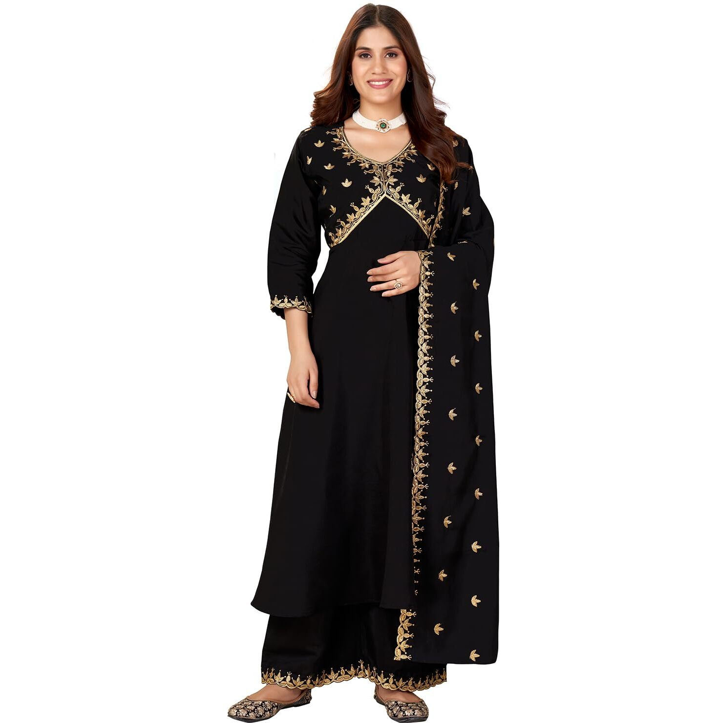 Granthva Fab Women's Silk Embroidered Anarkali Kurta with Palazzos and Dupatta (GF-6167-S_Black)