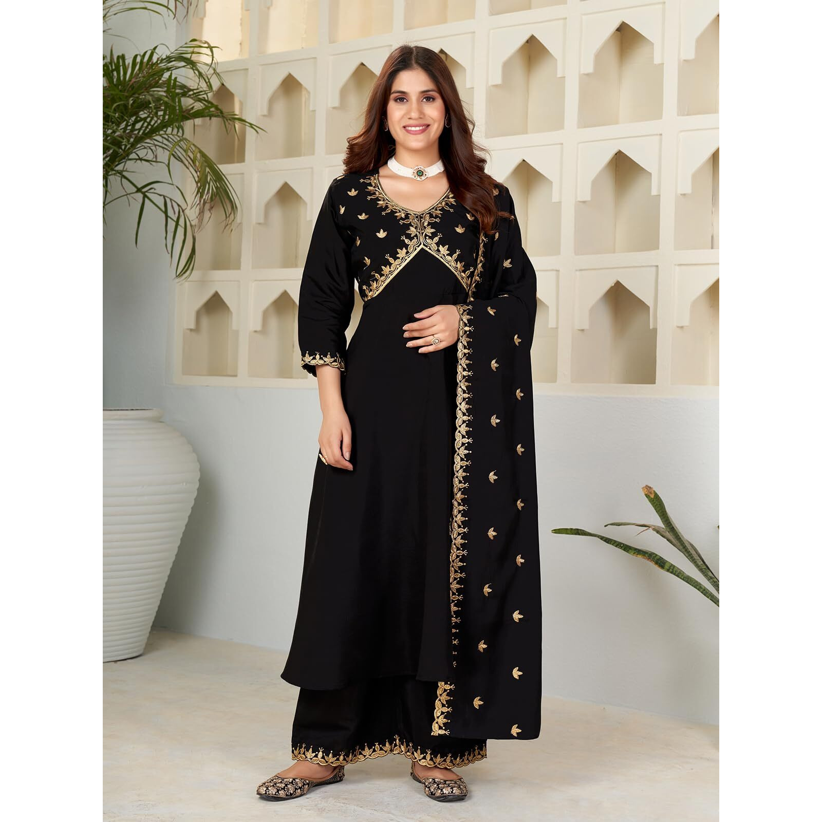 Granthva Fab Women's Silk Embroidered Anarkali Kurta with Palazzos and Dupatta (GF-6167-S_Black)