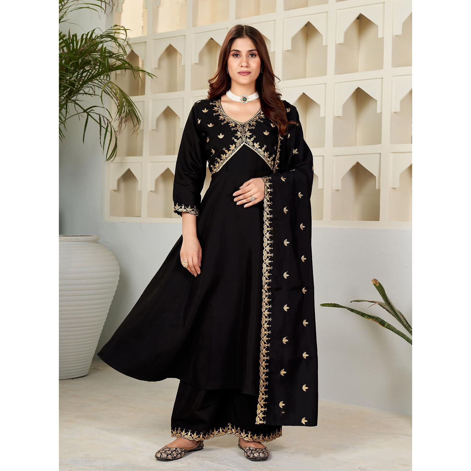 Granthva Fab Women's Silk Embroidered Anarkali Kurta with Palazzos and Dupatta (GF-6167-S_Black)