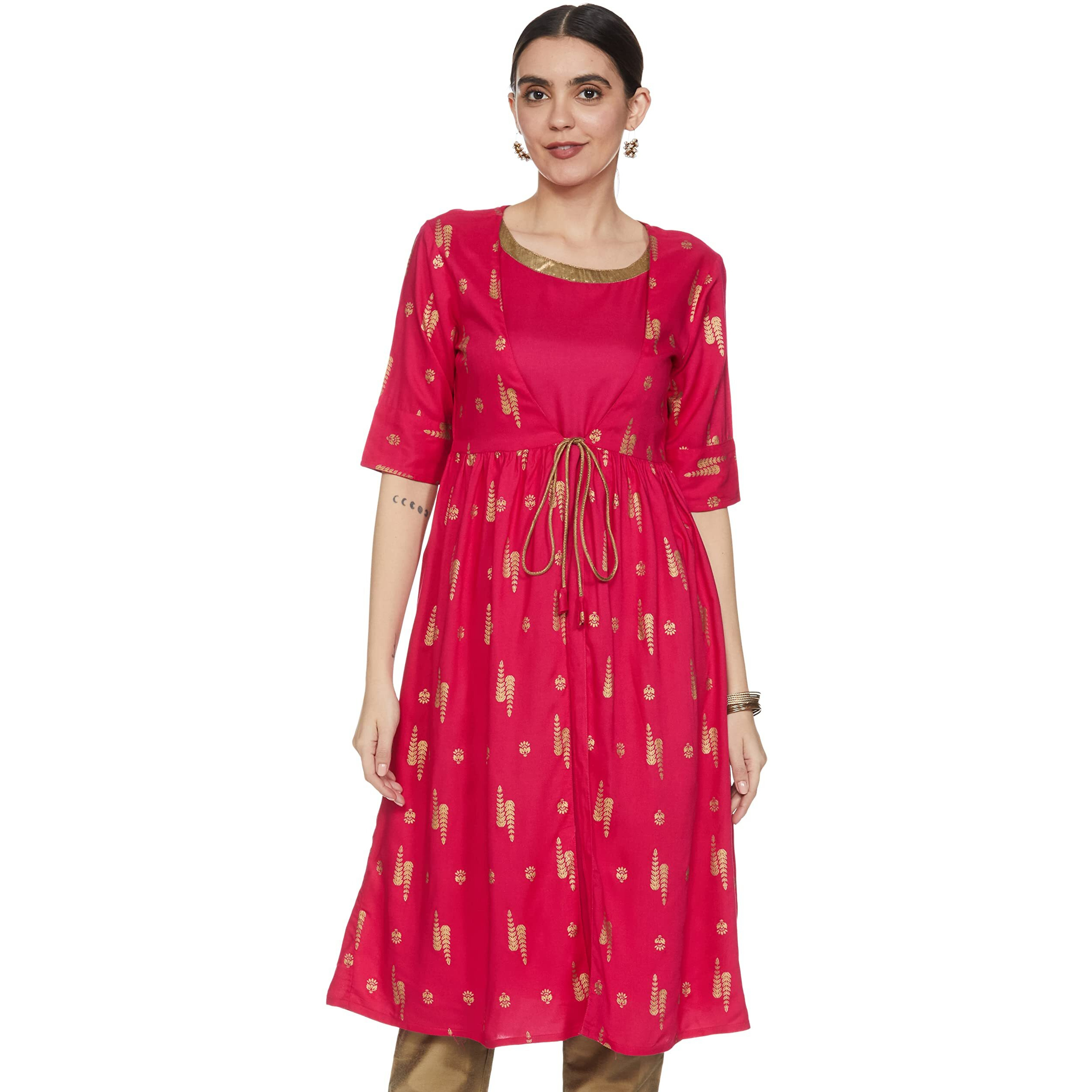 Amazon Brand - Tavasya Women's Rayon Straight Festive Kurti (AW22TAV16_Pine Cone (Fuschia) _M)