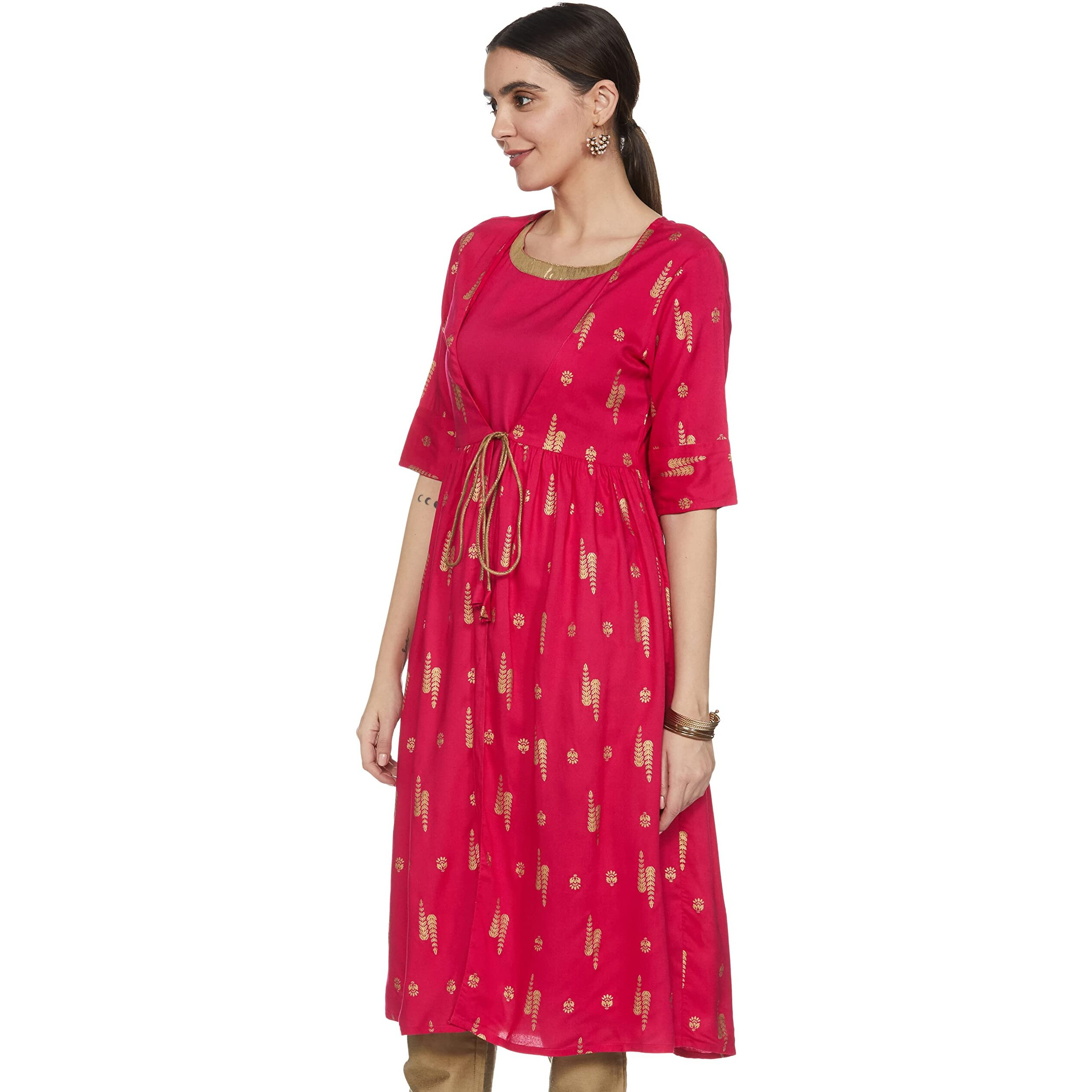 Amazon Brand - Tavasya Women's Rayon Straight Festive Kurti (AW22TAV16_Pine Cone (Fuschia) _M)