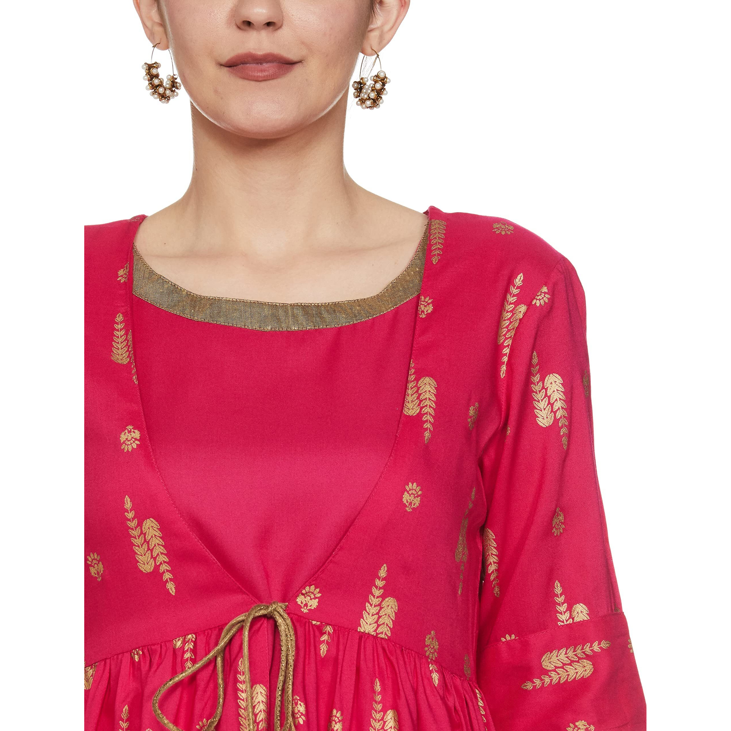 Amazon Brand - Tavasya Women's Rayon Straight Festive Kurti (AW22TAV16_Pine Cone (Fuschia) _M)