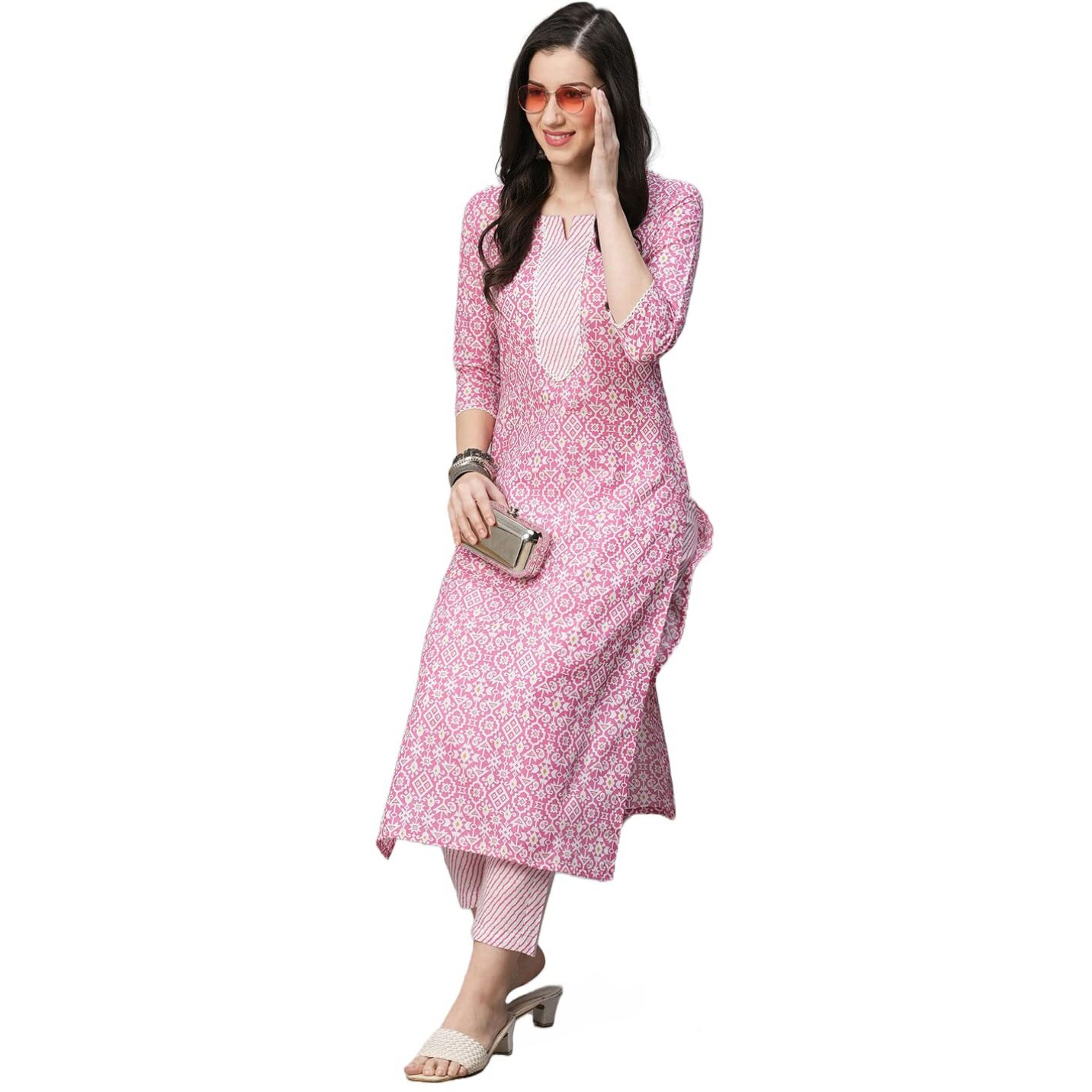 GoSriKi Women's Cotton Blend Printed Straight Kurta with Pant (Kavi Pink-GS_M_Pink_Medium)
