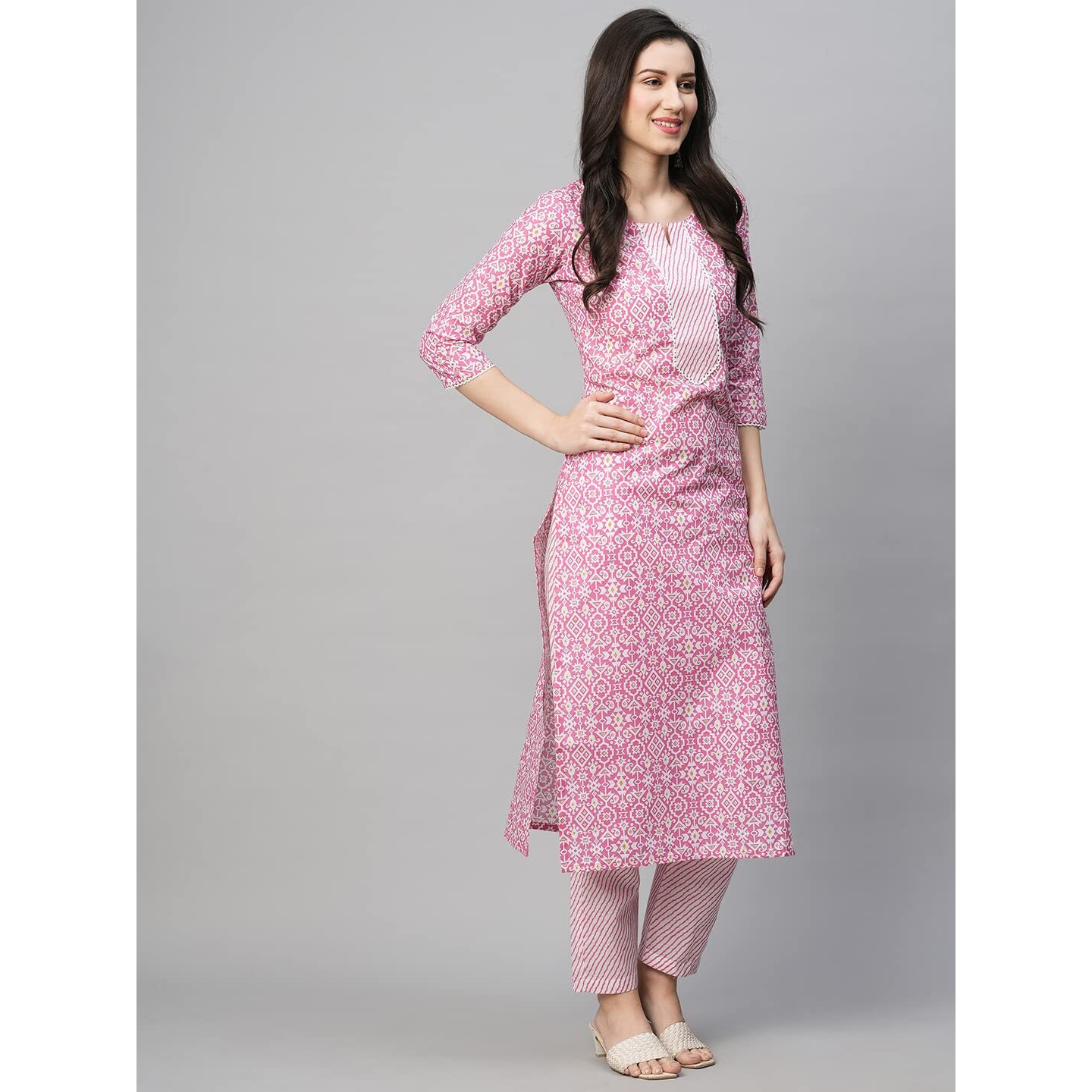 GoSriKi Women's Cotton Blend Printed Straight Kurta with Pant (Kavi Pink-GS_M_Pink_Medium)