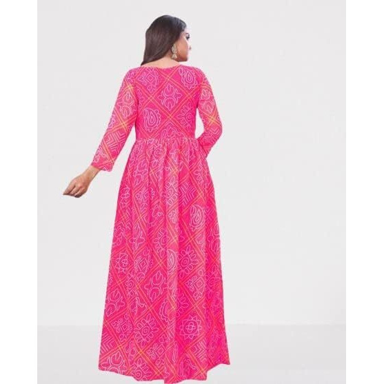 Anveri Textiles Women's Ready to Wear Georgette Round Bandhani Printed 3/4 Sleeve Gown Style Kurti Kurta Indian Dress (Bandani_Pink_6XL)