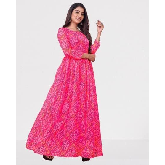Anveri Textiles Women's Ready to Wear Georgette Round Bandhani Printed 3/4 Sleeve Gown Style Kurti Kurta Indian Dress (Bandani_Pink_6XL)