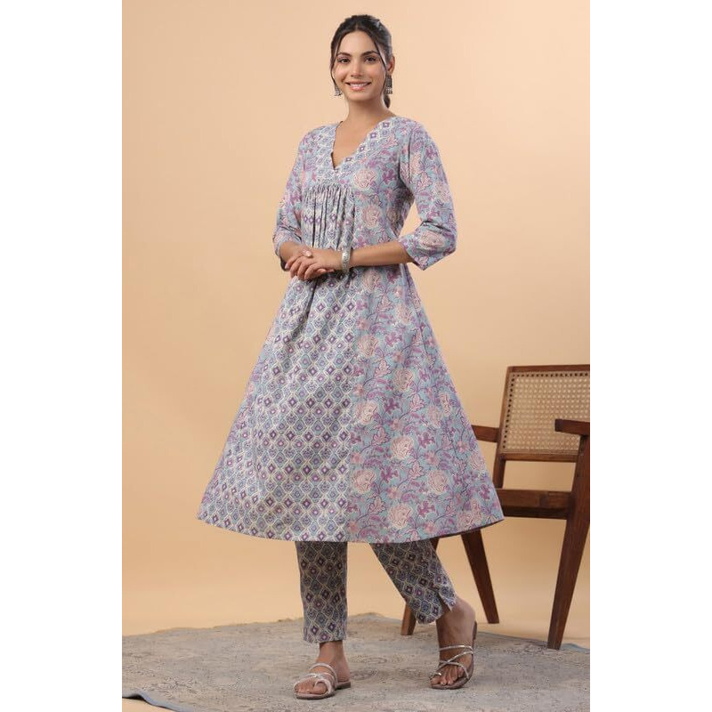 Janasya Women's Light Blue Cotton Floral Panelled Kurta Set (JAA24ST00029-3XL)