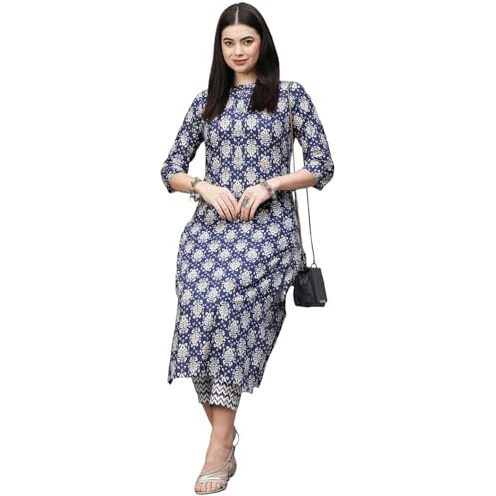 ANNI DESIGNER Women's Cotton Blend Straight Printed Kurta with Pant (Babita Blue_XXL_Blue_XX-Large)