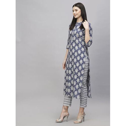 ANNI DESIGNER Women's Cotton Blend Straight Printed Kurta with Pant (Babita Blue_XXL_Blue_XX-Large)