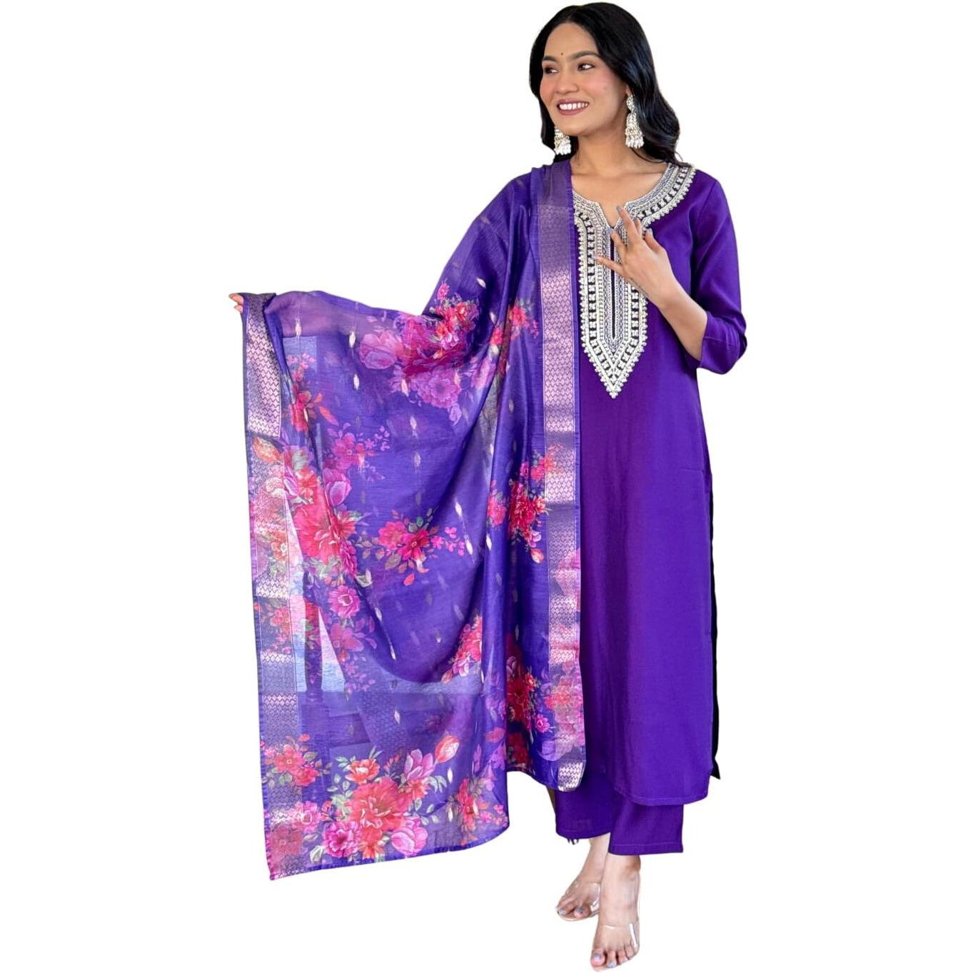 Naixa Women's Violate Chanderi Viscose Embroidered Straight Kurta with Chanderi Viscose Pant and Jacquard Silk Jacquard Dupatta Sets (NX-610-Voilet-3XL)