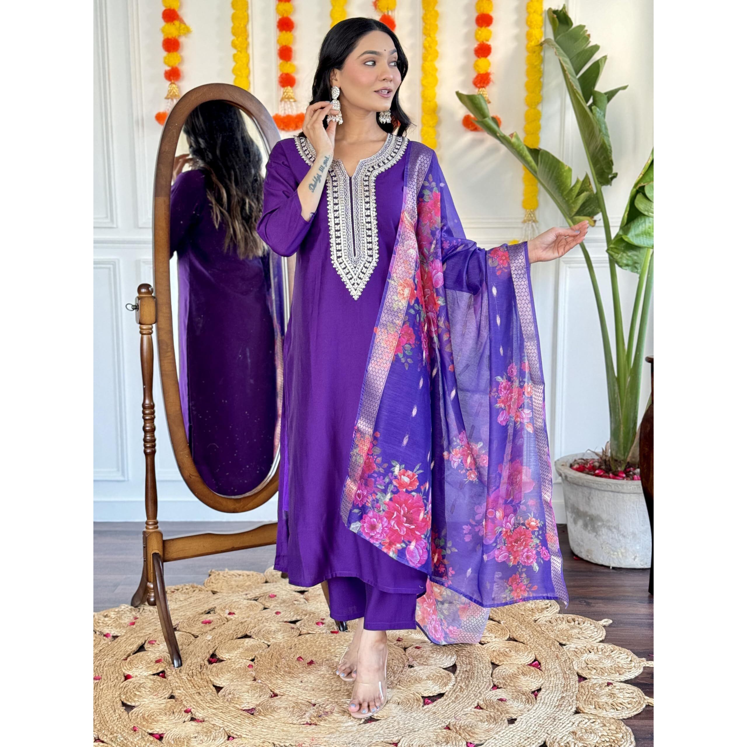 Naixa Women's Violate Chanderi Viscose Embroidered Straight Kurta with Chanderi Viscose Pant and Jacquard Silk Jacquard Dupatta Sets (NX-610-Voilet-3XL)
