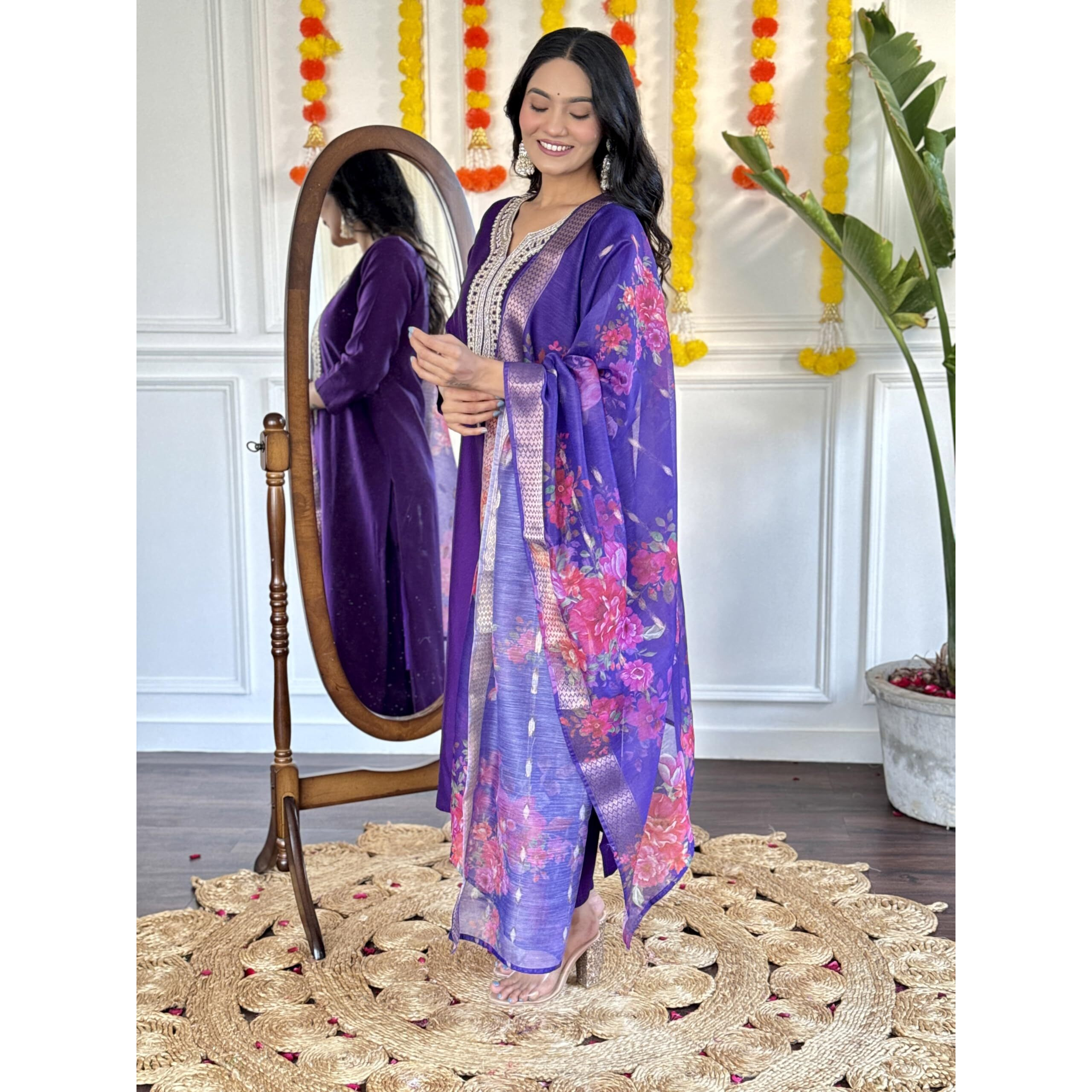 Naixa Women's Violate Chanderi Viscose Embroidered Straight Kurta with Chanderi Viscose Pant and Jacquard Silk Jacquard Dupatta Sets (NX-610-Voilet-3XL)