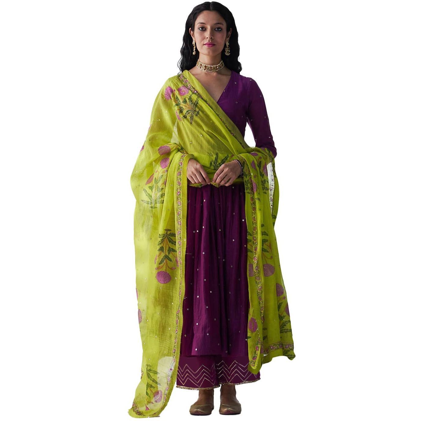 SheWill Women's Wine Purple Table Print V Neck Anarkali Silk Blend Kurta Set with Trousers & Organza Dupatta