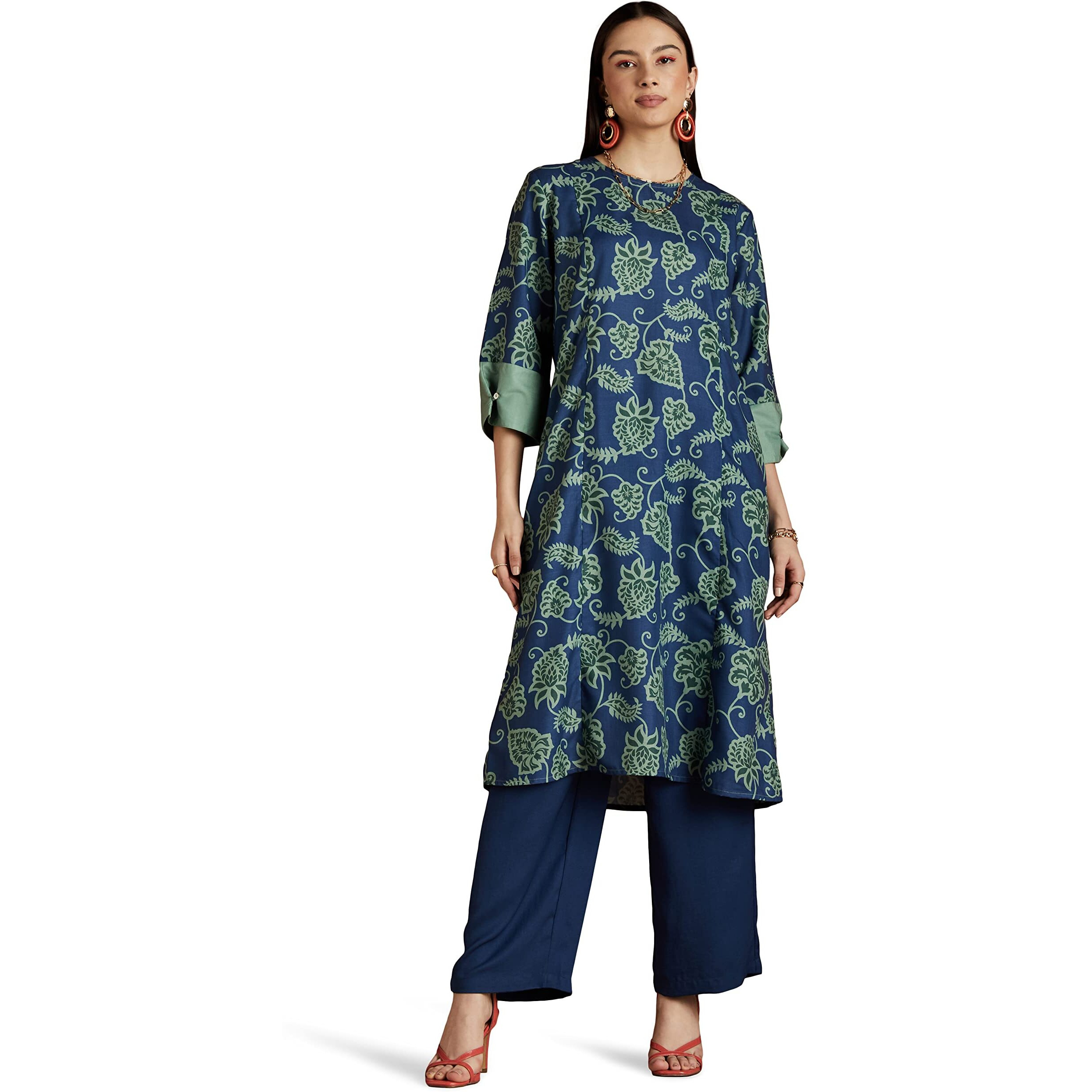 RIVER Women's Poly Matka with Cotton Touch Floral Regular Kurta (RV-AW22-KR-1001/1_Blue_L)