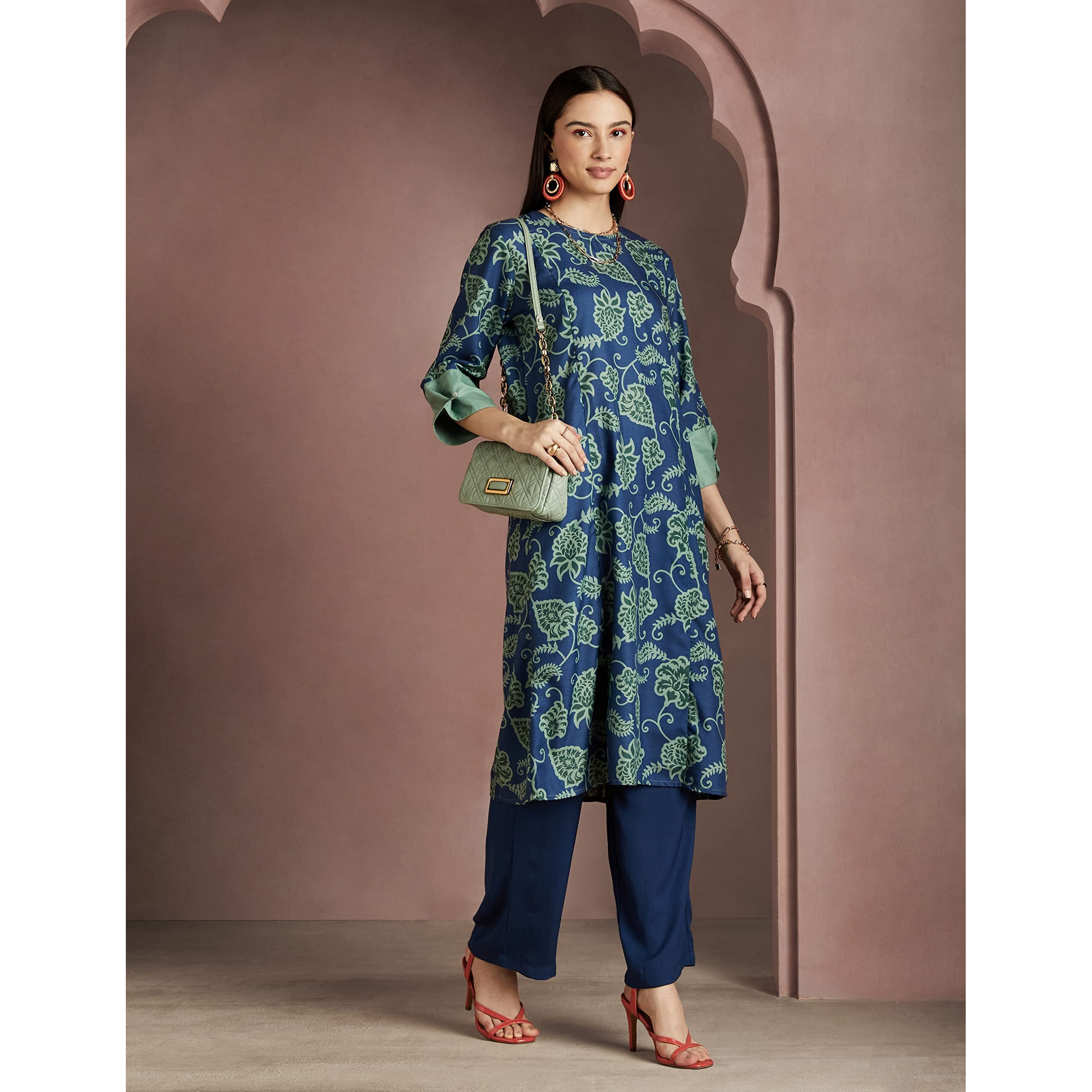RIVER Women's Poly Matka with Cotton Touch Floral Regular Kurta (RV-AW22-KR-1001/1_Blue_L)