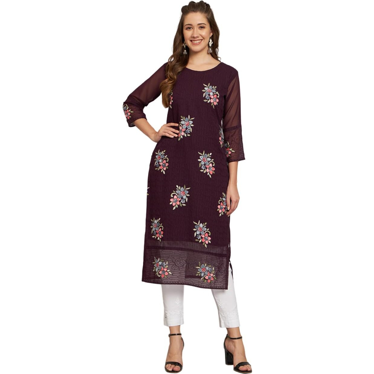 Ekasya Women's Georgette Straight Cut Round Neck Kurta with Beautiful Floral Embroidery Work (E1549) Wine