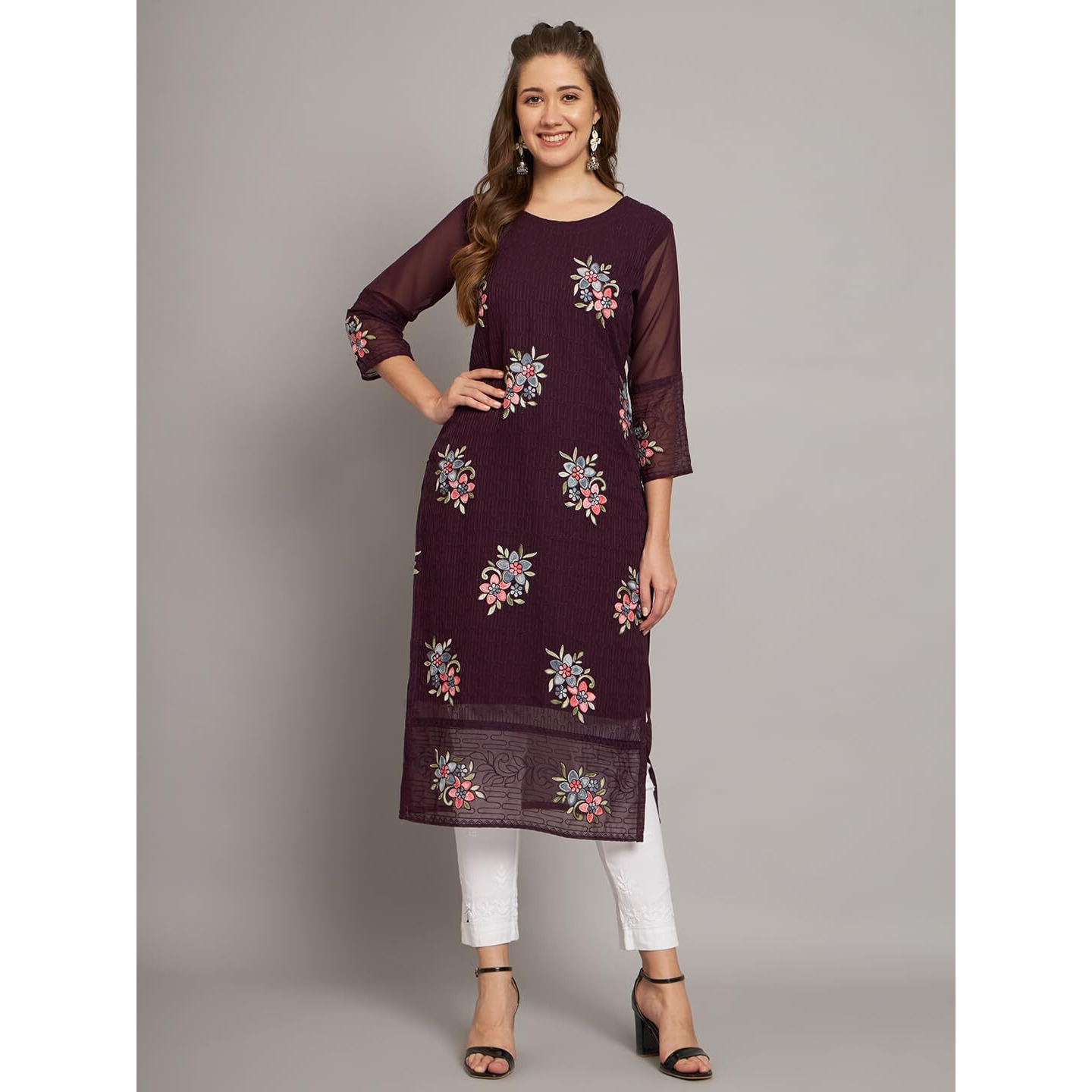Ekasya Women's Georgette Straight Cut Round Neck Kurta with Beautiful Floral Embroidery Work (E1549) Wine
