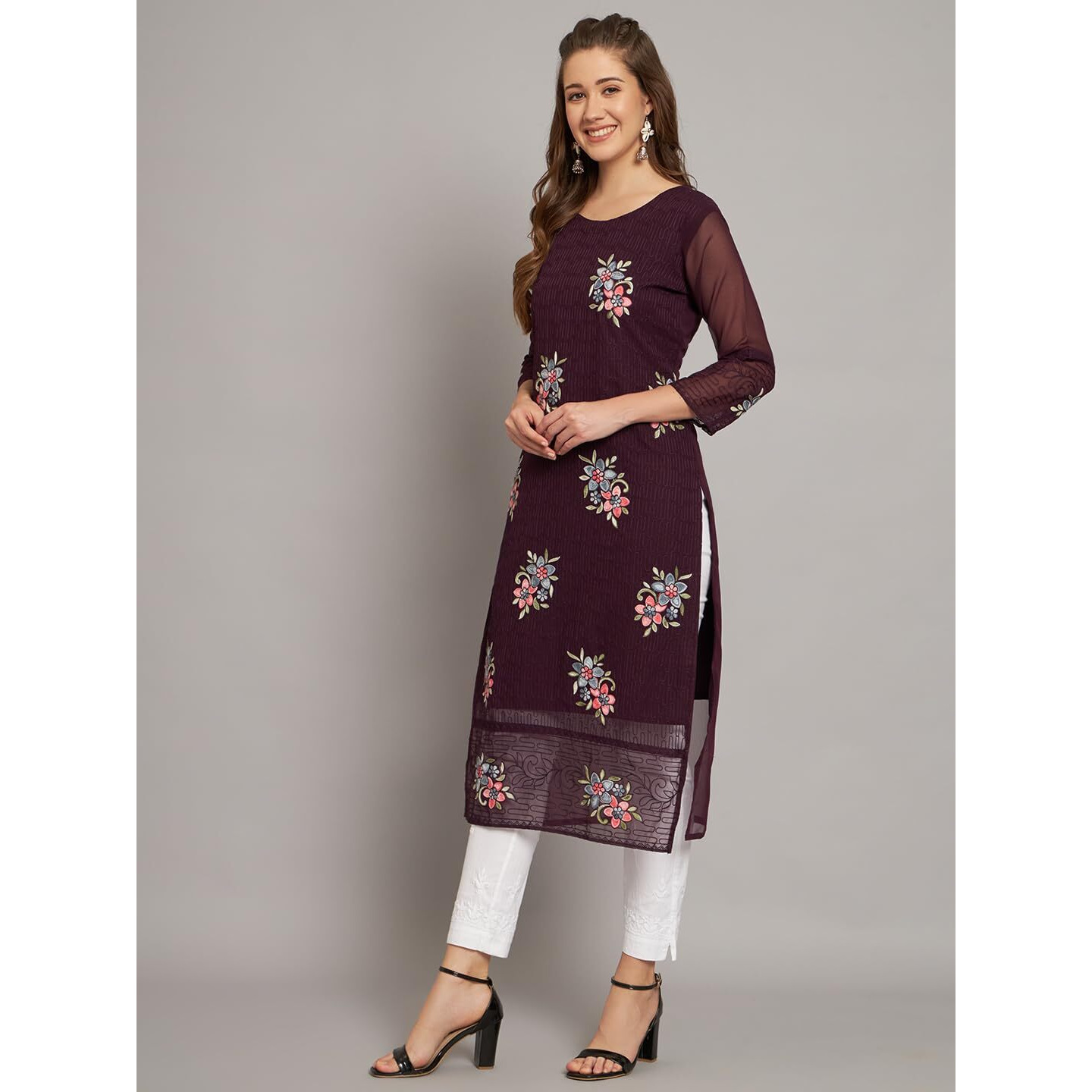 Ekasya Women's Georgette Straight Cut Round Neck Kurta with Beautiful Floral Embroidery Work (E1549) Wine