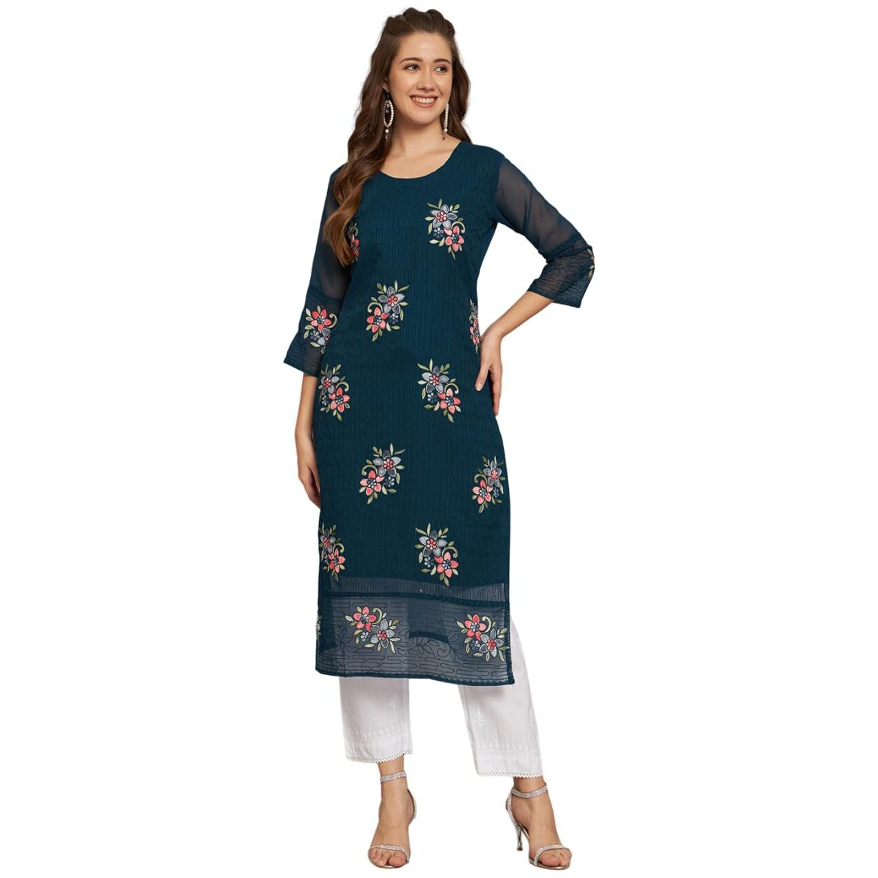 Ekasya Women's Georgette Straight Cut Round Neck Kurta with Beautiful Floral Embroidery Work (E1549) Teal Blue