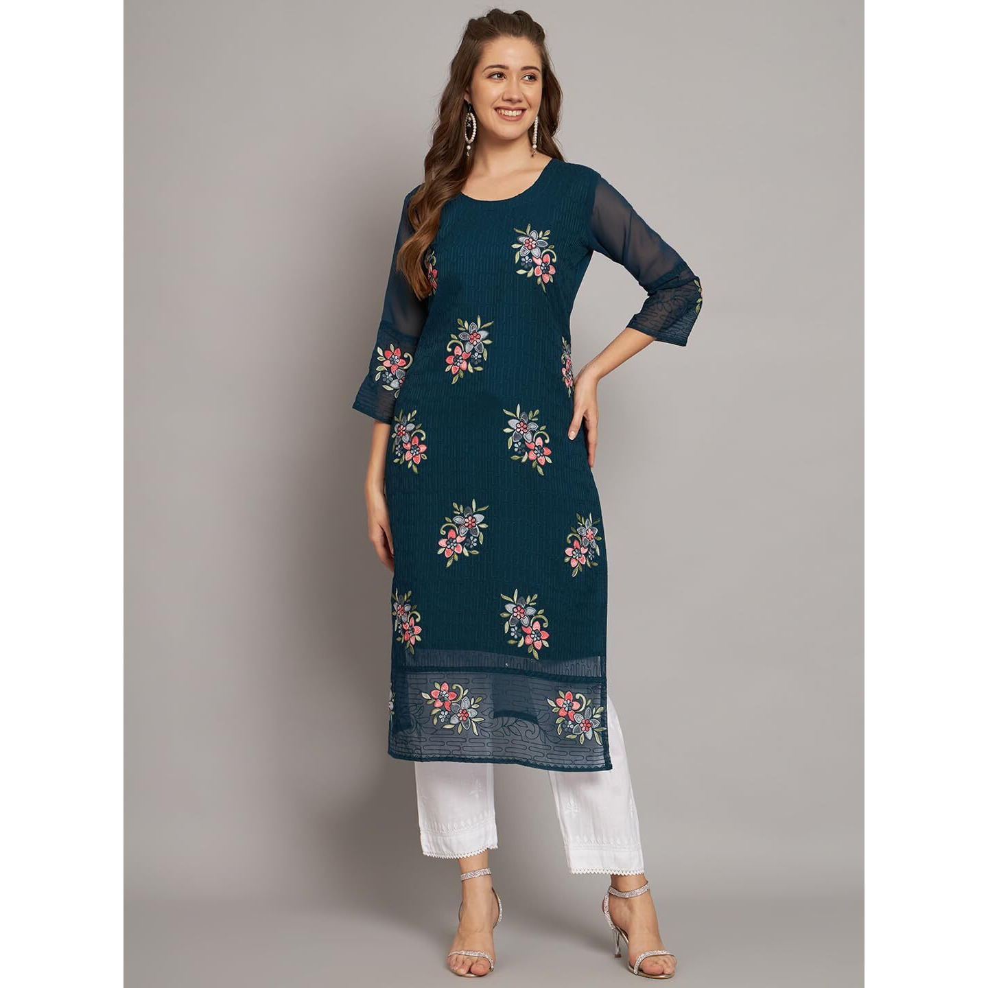 Ekasya Women's Georgette Straight Cut Round Neck Kurta with Beautiful Floral Embroidery Work (E1549) Teal Blue