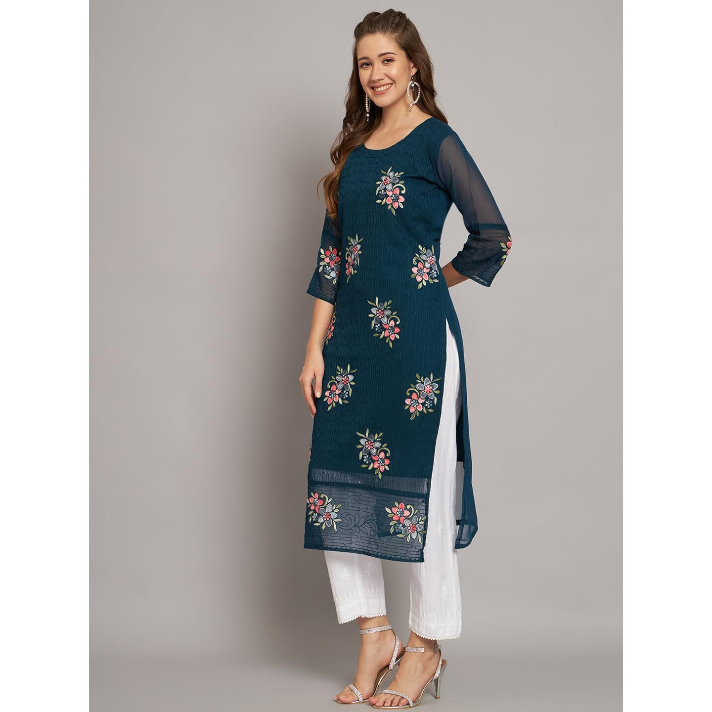Ekasya Women's Georgette Straight Cut Round Neck Kurta with Beautiful Floral Embroidery Work (E1549) Teal Blue