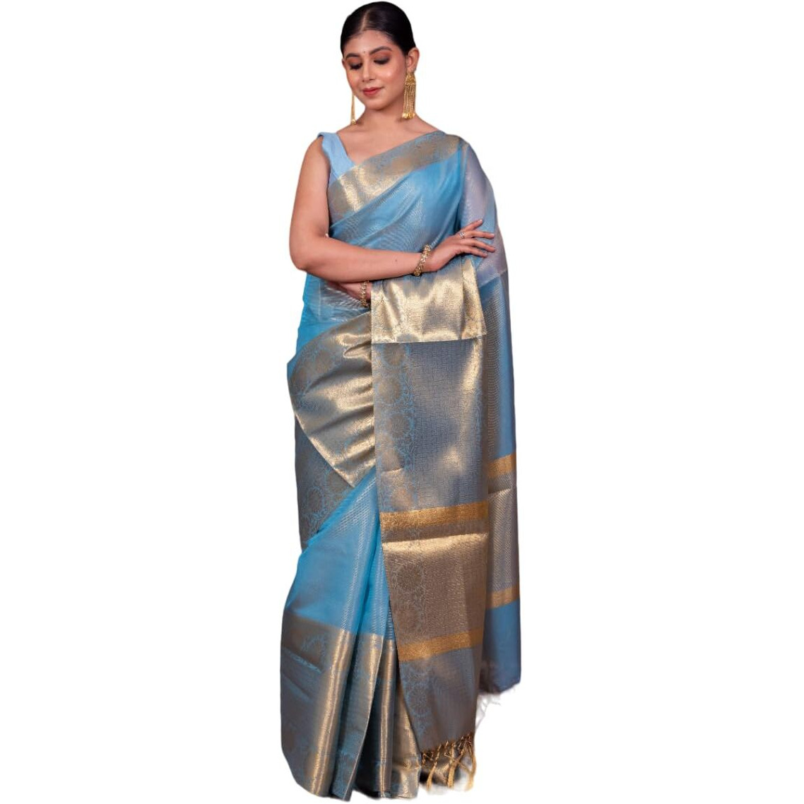Villagius Embellished Ikkat Handloom Tissue, Silk Blend Saree (FIROZI)