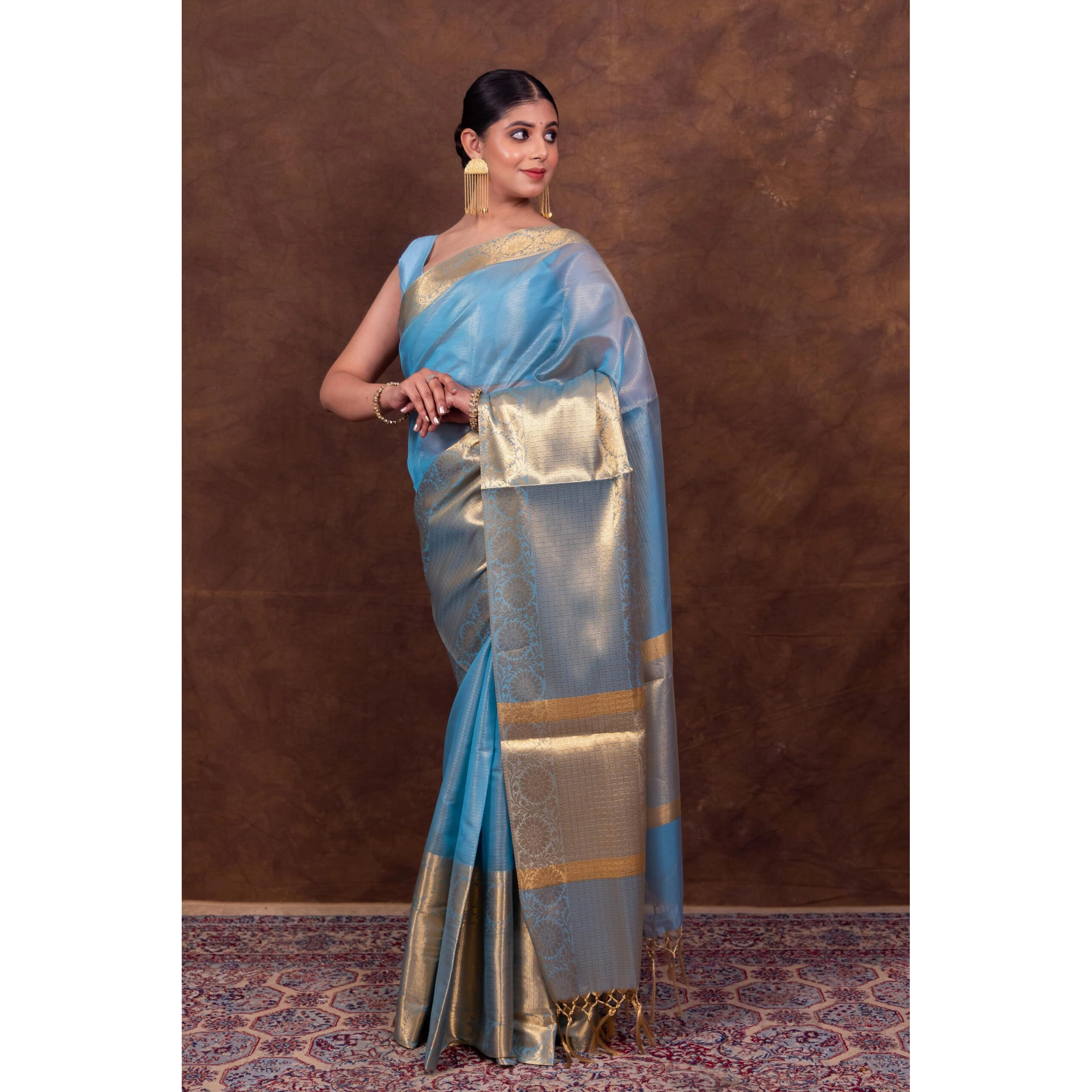 Villagius Embellished Ikkat Handloom Tissue, Silk Blend Saree (FIROZI)
